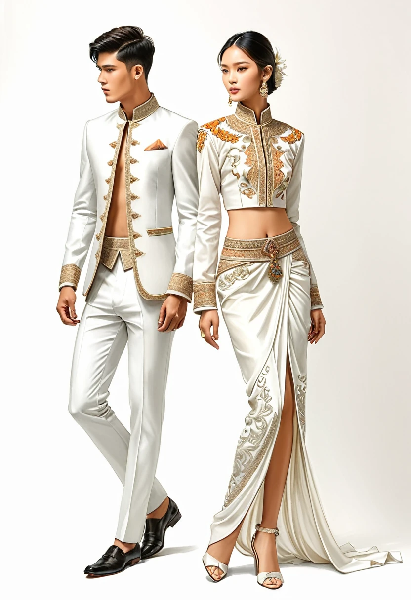 candid fashion illustration of two young man and women, 18 year old, adorned in a meticulously crafted North Thai traditional outfit, ((showcase fashion in a Northern Thai style, cotton handwoven in white color)), simple elegant and luxury style, The man wears a simple long-sleeved white mandarin collar shirt, paired with white Tailor pants, and shoes, The woman complements him with white tubular skirt or Sarong with simple patterns, ankle-length, fitted intricately decorated blouse that complements the skirt. Captured in a low angle, ((full-body image)), stands gracefully against the white backdrop. Their attire simple with intricate embroidery and white accents, each element carefully chosen to reflect the rich Lanna cultural heritage, ((white studio background)), realistic color pencil lines, perfect drawing, charcoal lines, fading sketch, quick Sketch, soft light, fashion illustration, fashion sketching