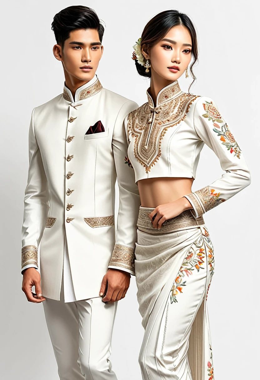 candid fashion illustration of two young man and women, 18 year old, adorned in a meticulously crafted North Thai traditional outfit, ((showcase fashion in a Northern Thai style, cotton handwoven in white color)), simple elegant and luxury style, The man wears a simple long-sleeved white mandarin collar shirt, paired with white Tailor pants, and shoes, The woman complements him with white tubular skirt or Sarong with simple patterns, ankle-length, fitted intricately decorated blouse that complements the skirt. Captured in a low angle, ((full-body image)), stands gracefully against the white backdrop. Their attire simple with intricate embroidery and white accents, each element carefully chosen to reflect the rich Lanna cultural heritage, ((white studio background)), realistic color pencil lines, perfect drawing, charcoal lines, fading sketch, quick Sketch, soft light, fashion illustration, fashion sketching