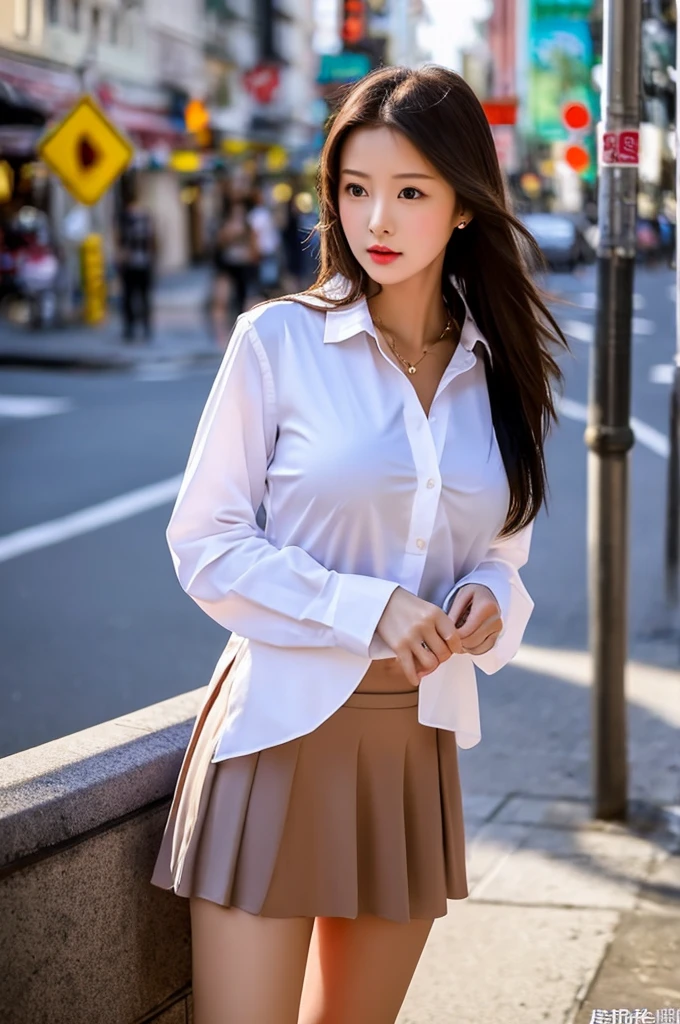 a 17 year old girl, she is the most beautiful actress in the world, the perfect body proportions of this girl, her large breasts are clothed by the formal shirt within firmly closed blazer, the short skirt is hiding 99% range of the panties but 1% between her bare legs is not, there's no photo space above her head, her feet are out of photo space, all her body is just looking straight forward to viewer of this photo, she is standing straight at the street, nsfw, best quality, highly detailed, masterpiece, ultra high res, photo realistic, 8k, RAW photo