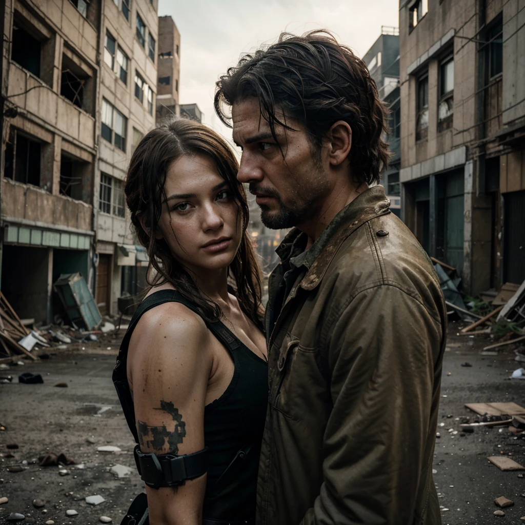 A stunning live-action, 32K, UHD, and vibrant portrait photograph of a woman and a rugged man in a post-apocalyptic cityscape. The woman, with clean and serene features, is leaning gracefully while the man, exuding confidence, stands watchfully. They are dressed in specialized military attire, adorned with equipment, giving off a Resident Evil vibe. The crumbling streets surround them, with buildings in disrepair, creating an immersive and detailed atmosphere. The photorealistic image captures the essence of a gritty, survival-based world., photo, portrait photography, vibrant