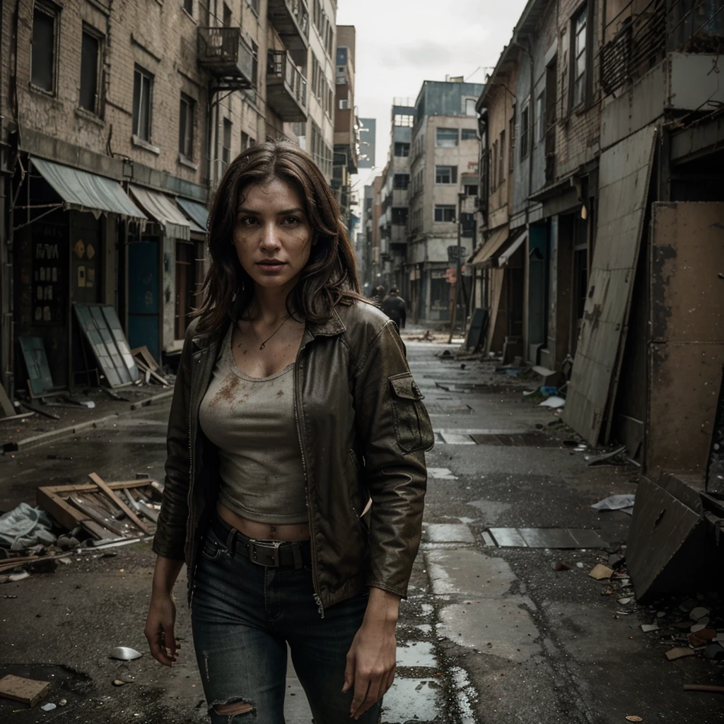 A stunning live-action, 32K, UHD, and vibrant portrait photograph of a woman and a rugged man in a post-apocalyptic cityscape. The woman, with clean and serene features, is leaning gracefully while the man, exuding confidence, stands watchfully. They are dressed in specialized military attire, adorned with equipment, giving off a Resident Evil vibe. The crumbling streets surround them, with buildings in disrepair, creating an immersive and detailed atmosphere. The photorealistic image captures the essence of a gritty, survival-based world., photo, portrait photography, vibrant