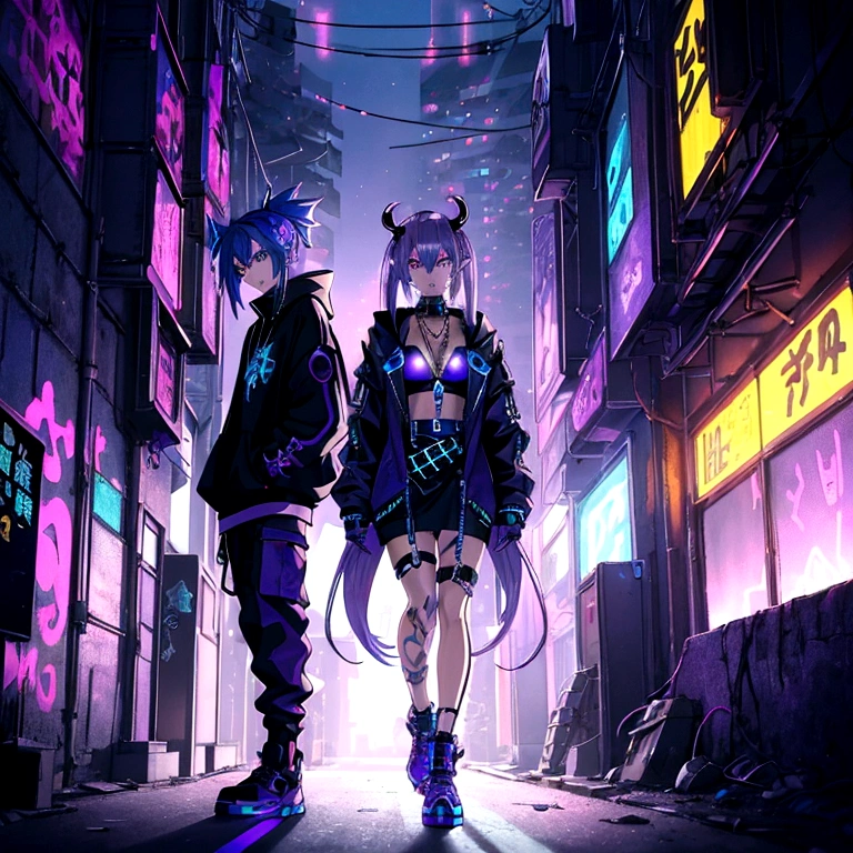 Futuristic anime cool hip-hop girl, long asymmetrical purple hair with blue tips, blue eyes, wearing a high-tech hip-hop horror style with LED accents, cyberpunk LED accessories, a subtle hip-hop touch (gold chaine necklace, confident pose, ( making a subtle hip-hop gesture), chasing shadows in the dark city.