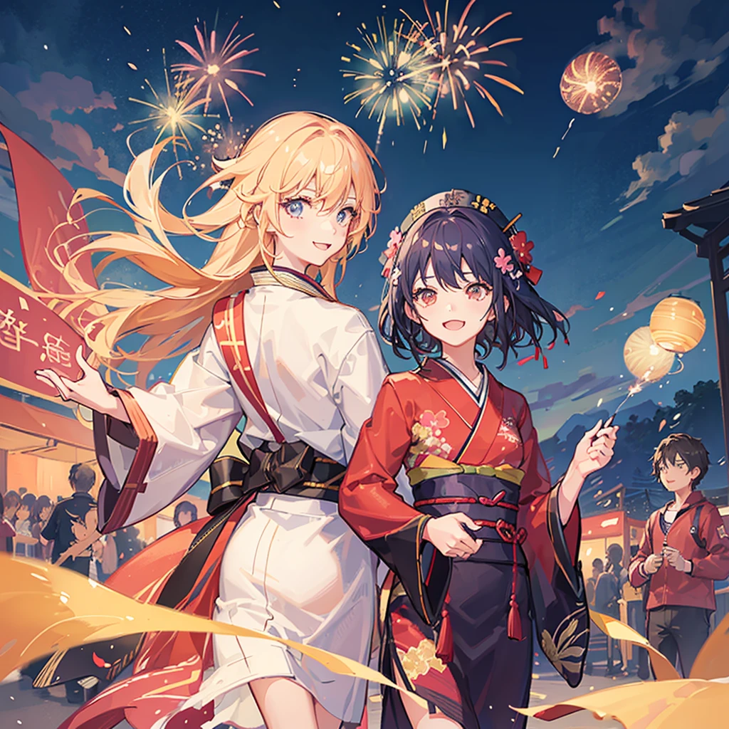 Couple,(Boy 1:Girl 1)Lovely,Date,Love love,smile,Fleeting,romantic,atmosphere,landscape,firework,Night Sky,たくさんのfirework,summerfestival,turn around,Girl is wearing a kimono,Hand in hand,Night Skyに美しいfirework,たくさんのfirework,綺麗なNight Sky,summer,festival,Young people,Throb