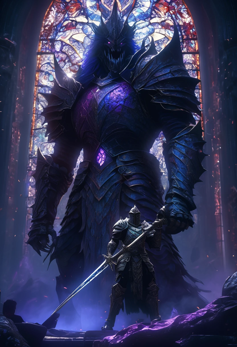 First-person perspective: armored knight wielding massive sword confronts grotesque monster in crumbling, shadowy temple. Dramatic chiaroscuro lighting emphasizes gleaming armor and beast's gnashing teeth. Cinematic composition with extreme close-ups and dynamic angles. Intricate details: etched runes on blade, monster's oozing wounds. Shafts of moonlight pierce stained-glass windows. Muted color palette: deep blues, rich purples, glinting silvers. Photorealistic 8K rendering.
```