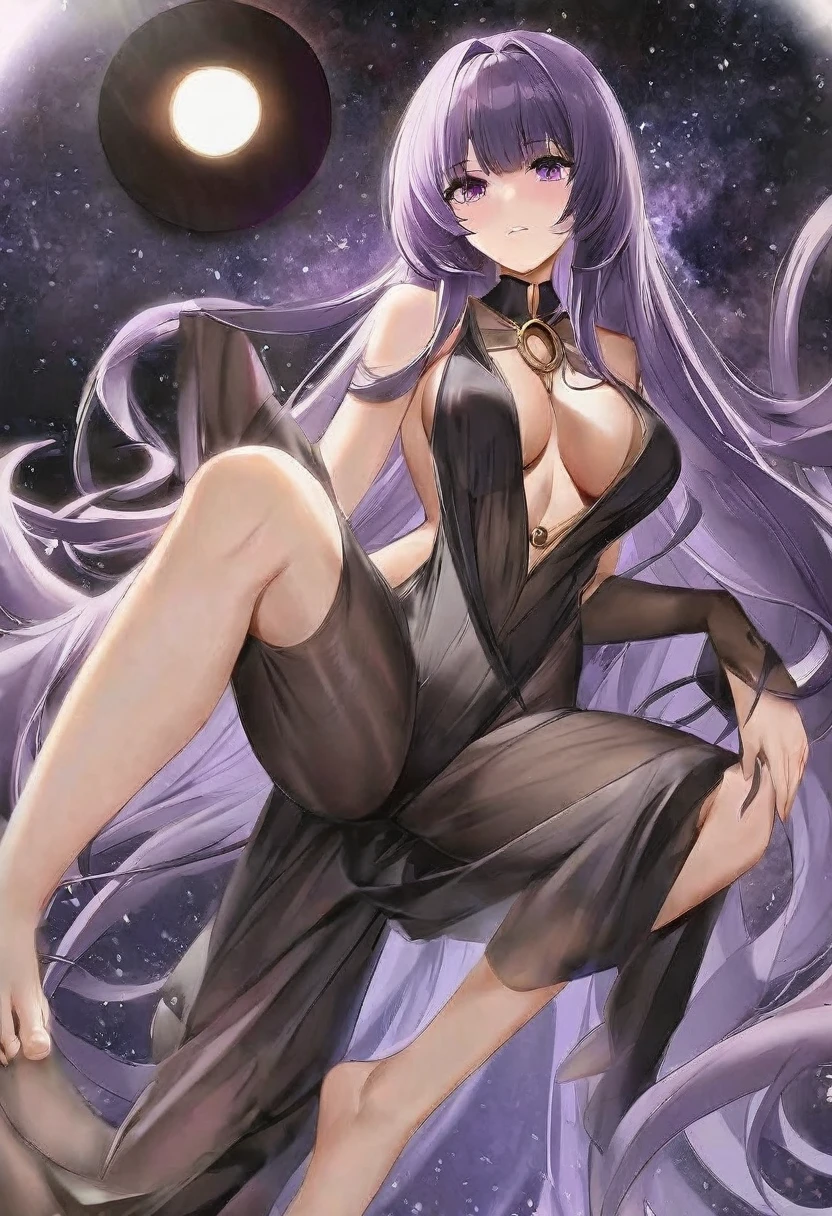 Athena,Extra long purple hair,Purple Eyes,Wearing black silk,Purple jumpsuit,Black one-piece dress,But the one-piece dress is very sexy and revealing,barefoot,A black hole in the universe,Purple and black black hole