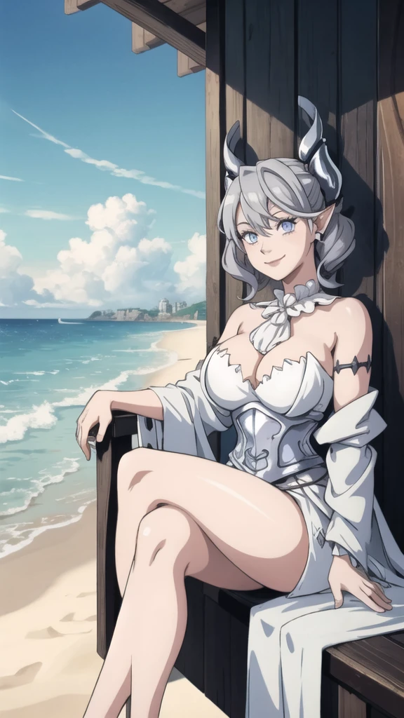 Beautiful arts wallpaper Sunset Outside castle top High level image quality best image quality 8K adult woman silver castle outside more colors whole body view portrait wearing pure white pirate dress horn ears short hair((shortcut)(gray hair)(perm)(fluffy)) eye color is blue , , attractive evil face , smile , beach , labrynth , barefoot , teasing with her breast, , sitting with crossed legs , waves