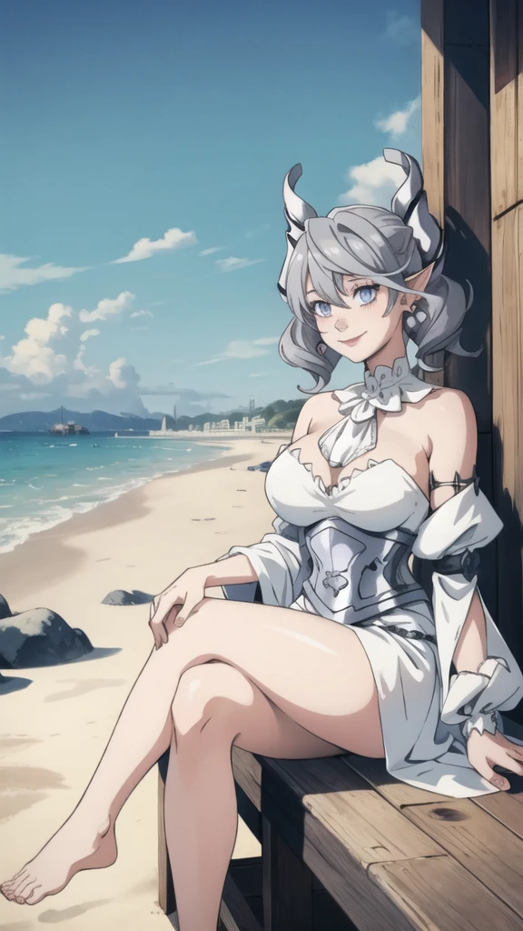 Beautiful arts wallpaper Sunset Outside castle top  High level image quality　best image quality　8K　 adult woman   silver castle outside  more colors   whole body view　portrait　 wearing pure white pirate dress  　horn    ears  　short hair（（shortcut）（gray hair）（perm）（fluffy））　eye color is blue ,  , 　attractive evil face , smile   ,  beach   ,  labrynth       , barefoot , teasing with her breast,   , sitting with crossed legs  , waves