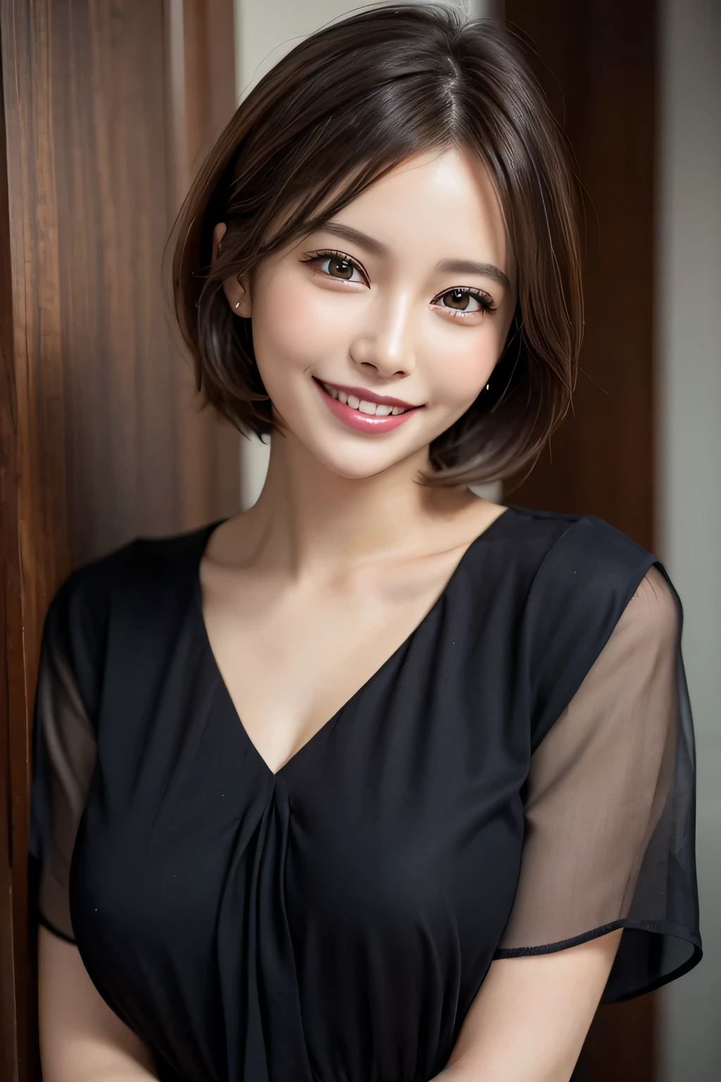 ((masterpiece)), ((Highest quality)), ((Complex)), ((Surreal)), (Realistic), (Mature Woman), ((There are no classes)), Very detailed, (1 female), Beautiful and exquisite, (Beautiful Teeth), Grin, Brunette Bob Hair, Brown eyes, ((blouse)), (Upper Body), (background:none), Perfect Eyes, Captivating eyes, Looking at the audience