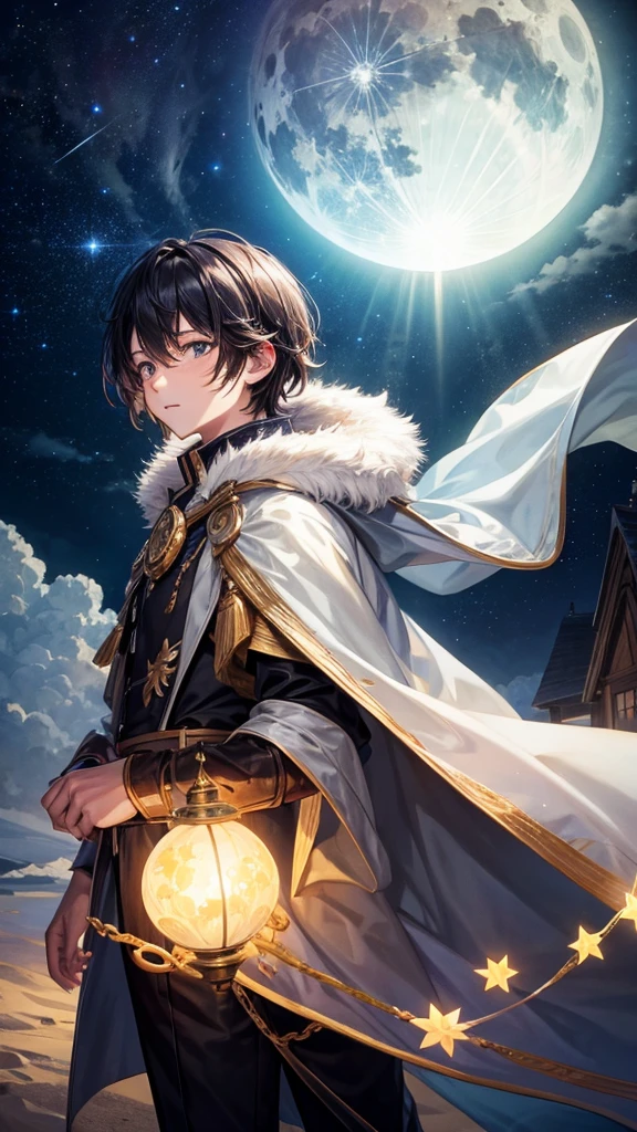 Create a serene, nocturnal landscape where billowing clouds fill the sky. The scene is illuminated by countless stars, and a boy stands beside his faithful dog, gazing up at a luminous, full moon. The soft, dreamy atmosphere captures a sense of wonder and companionship under the vast night sky.