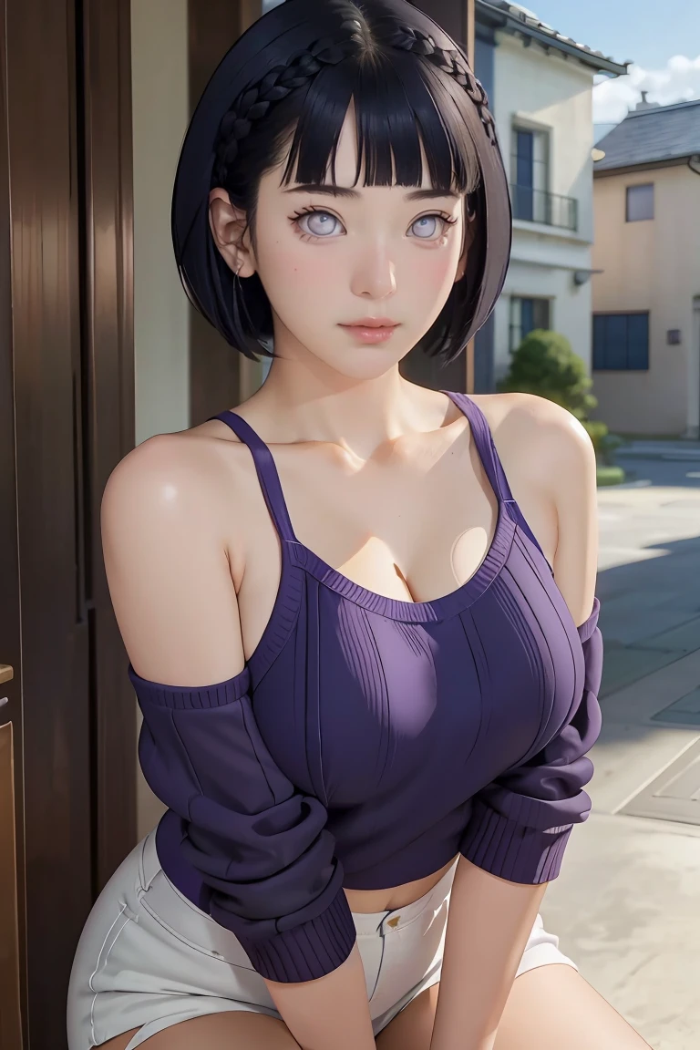 tmasterpiece， best qualityer， ultra - detailed， illustration，1girll，
short hair，dark-blue hair，french braid，Purple eye，bluntbangs，cleavage，Large breasts
sweater
mideum breasts， 
looking at viewert，hyouka/（Boruto/），Detailed lips