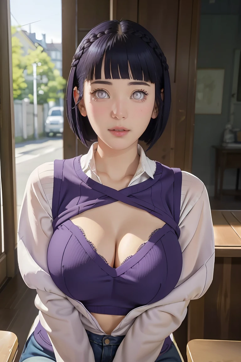 tmasterpiece， best qualityer， ultra - detailed， illustration，1girll，
short hair，dark-blue hair，french braid，Purple eye，bluntbangs，cleavage，Large breasts
sweater
mideum breasts， 
looking at viewert，hyouka/（Boruto/），Detailed lips