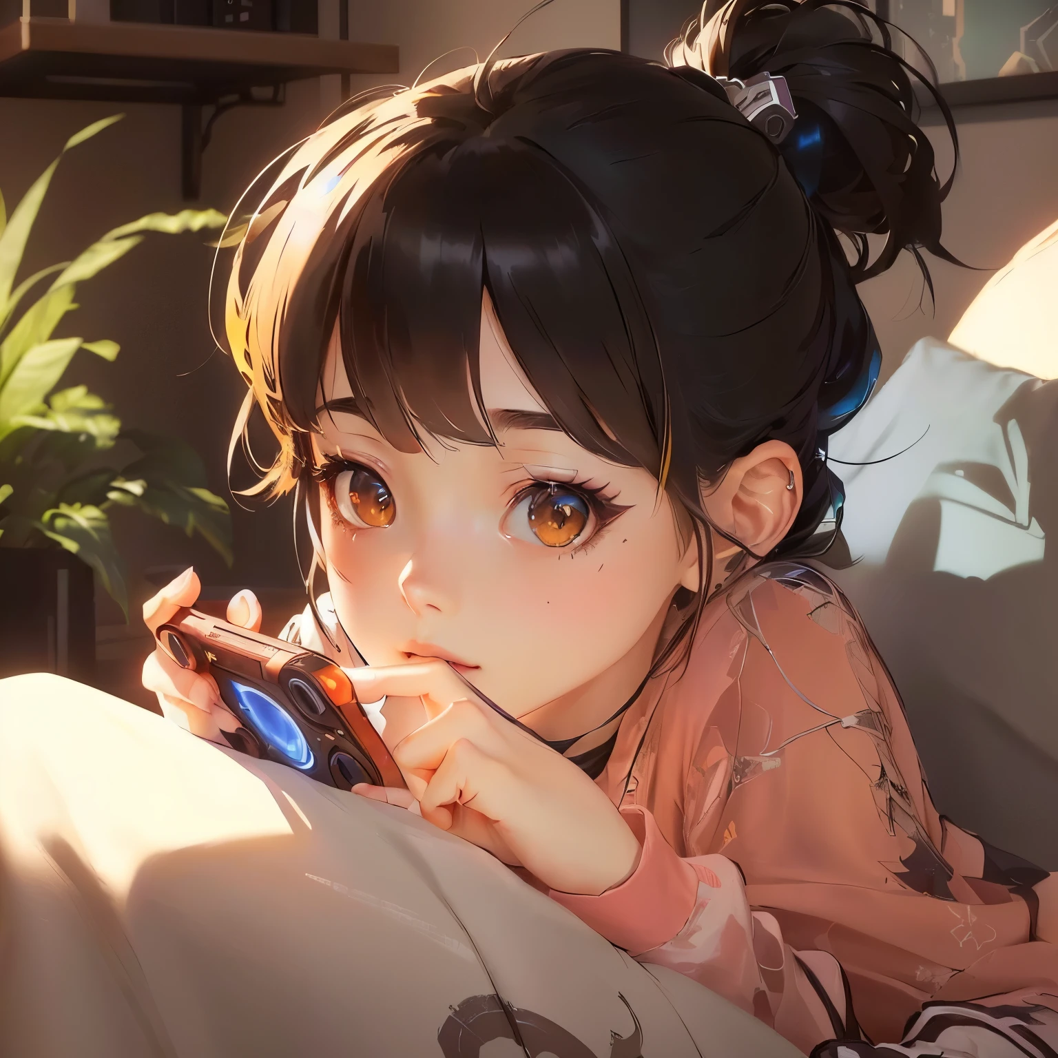 anime girl laying on a couch with a cell phone in her hand, artwork in the style of guweiz, anime visual of a cute girl, cute anime girl, guweiz, cute anime, digital anime illustration, cute kawaii girl, young anime girl, an anime girl, anime lover, anime style 4 k, cute detailed digital art, lofi girl,((Best quality)), ((masterpiece)), (detailed:1.4), 3D, an image of a beautiful cyberpunk female,HDR (High Dynamic Range),Ray Tracing,NVIDIA RTX,Super-Resolution,Unreal 5,Subsurface tering,PBR Texturing,Post-processing,Anisotropic Filtering,Depth-of-field,Maximum clarity and sharpness,Multi-layered textures,Albedo and Specular maps,Surface shading,Accurate simulation of light-material intefect proportions,Octane Render,Two-tone lighting,Wide aperture,Low ISO,White balance,Rule of thirds,8K RAW,
