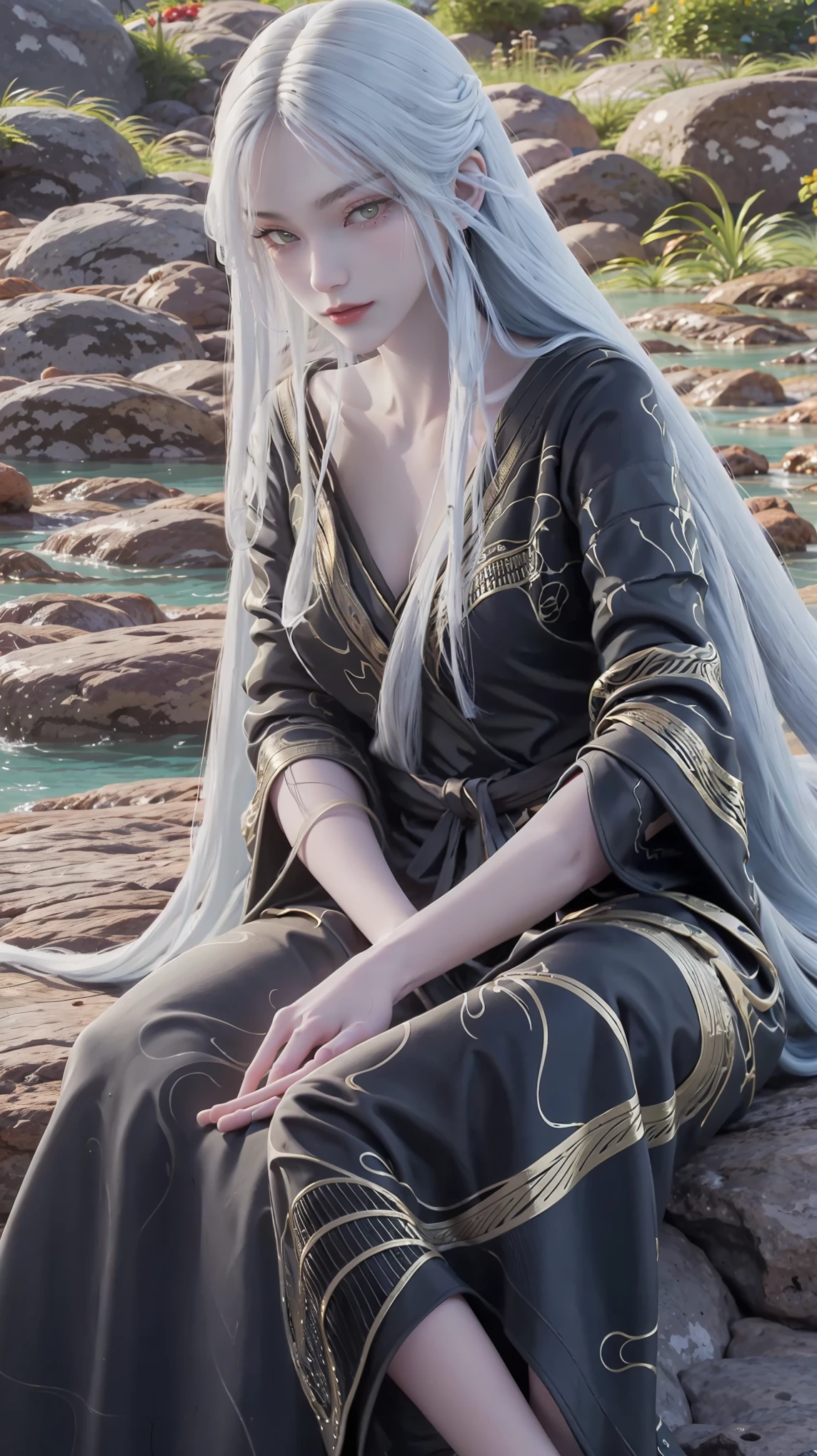 A beautiful young woman,Long hair,Wearing pajamas,Sitting on the bed,barefoot,Wearing a dress,Side-lying,Cross-legged,Full body shot,(Best picture quality,4K,8K,high-definition,excellent work:1.2),Ultra Detail,(Realistic,Realistic,Realistic:1.37),Delicate eyes,Delicate lips,Extremely detailed face and eyes,Long eyelashes,Natural light,Warm colors,Soft Focus,portrait,Chiaroscuro,Deep scene,Jade Hands,Clear fingers,Red toenails,白色Long hair,Black robe