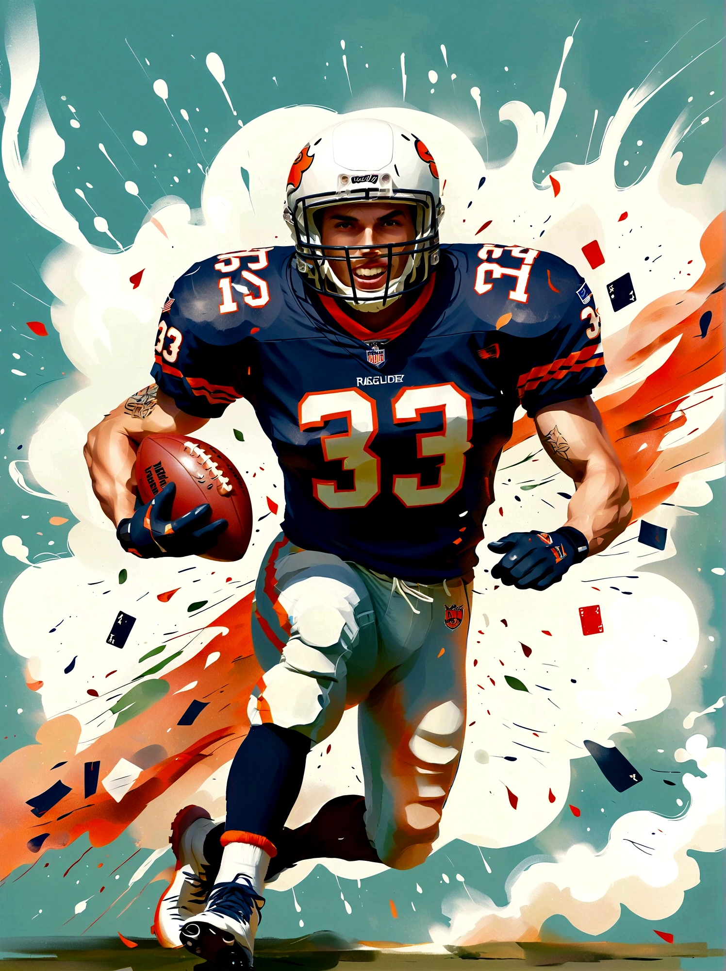 Imagine an intense and dynamic illustration of an American football player, defined by a Caucasian descent, who seems to be exploding out from the King of Hearts playing card. This football player is garbed in a white jersey adorned with orange stripes and conspicuously marked with the number 33. In a powerful pose, he tightly grips a football, illustrating a potent action sequence. Encapsulating the player, there is an impressive explosive effect, which is visually characterized by splashes of white and orange paint, culminating in a dramatic and impactful visual scene.