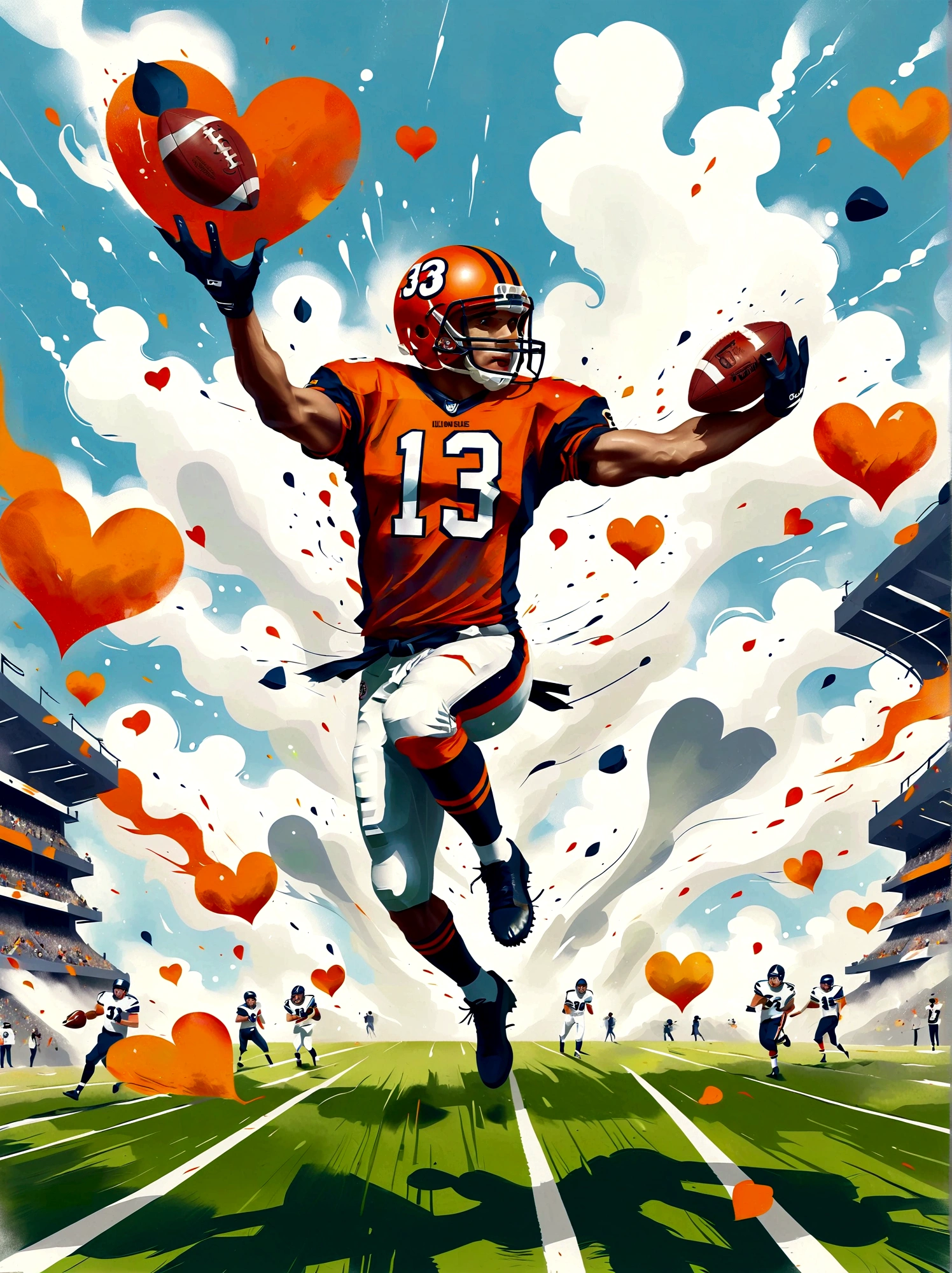 A Middle Eastern football player in action. This image has been painted with vibrant colors and bold brushstrokes to accentuate the energy and intensity of a professional athlete. The athlete possesses a strong and muscular body, with well-defined arms that project a powerful athletic aura. His confident pose encapsulates his readiness to rule the field. The dynamism of the scene, frozen through the capture of a high-speed lens, showcases his agility and tenacious determination. The vibrant color palette adds another layer to the excitement, punctuating the football player's intense focus. This image, drawing inspiration from hyperrealism, embodies the essence of a professional football player. Perfect as a sports magazine cover or motivational poster.