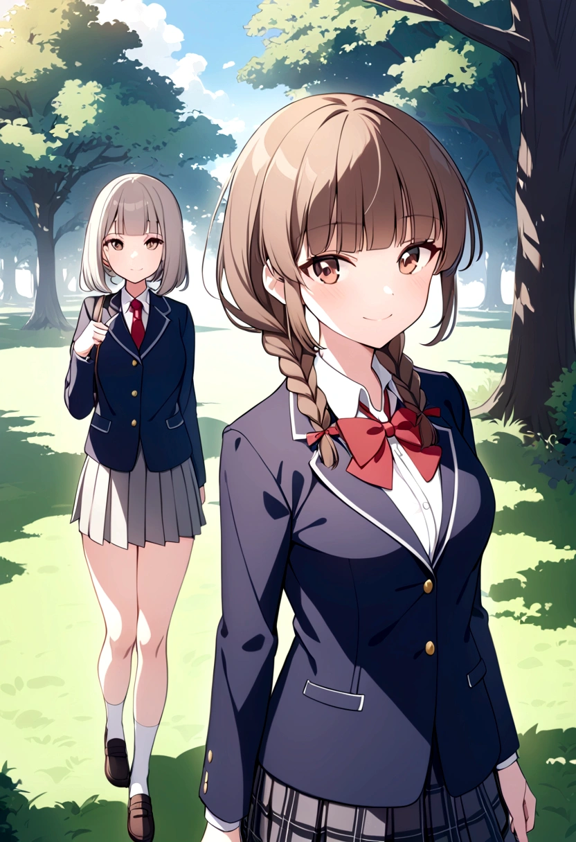 slender, mature female, braid, bow, bowtie, brown_hair, multiple_girls, twin_braids, outdoors, red_bow, bangs, looking_at_viewer, 2girls, shirt, buttons, collared_shirt, day, red_neckwear, school_uniform, jacket, tree, short_hair, white_shirt, brown_eyes, ribbon, closed_mouth,ponytail, blunt_bangs, smile, long_hair, grass, blazer, sweater, 