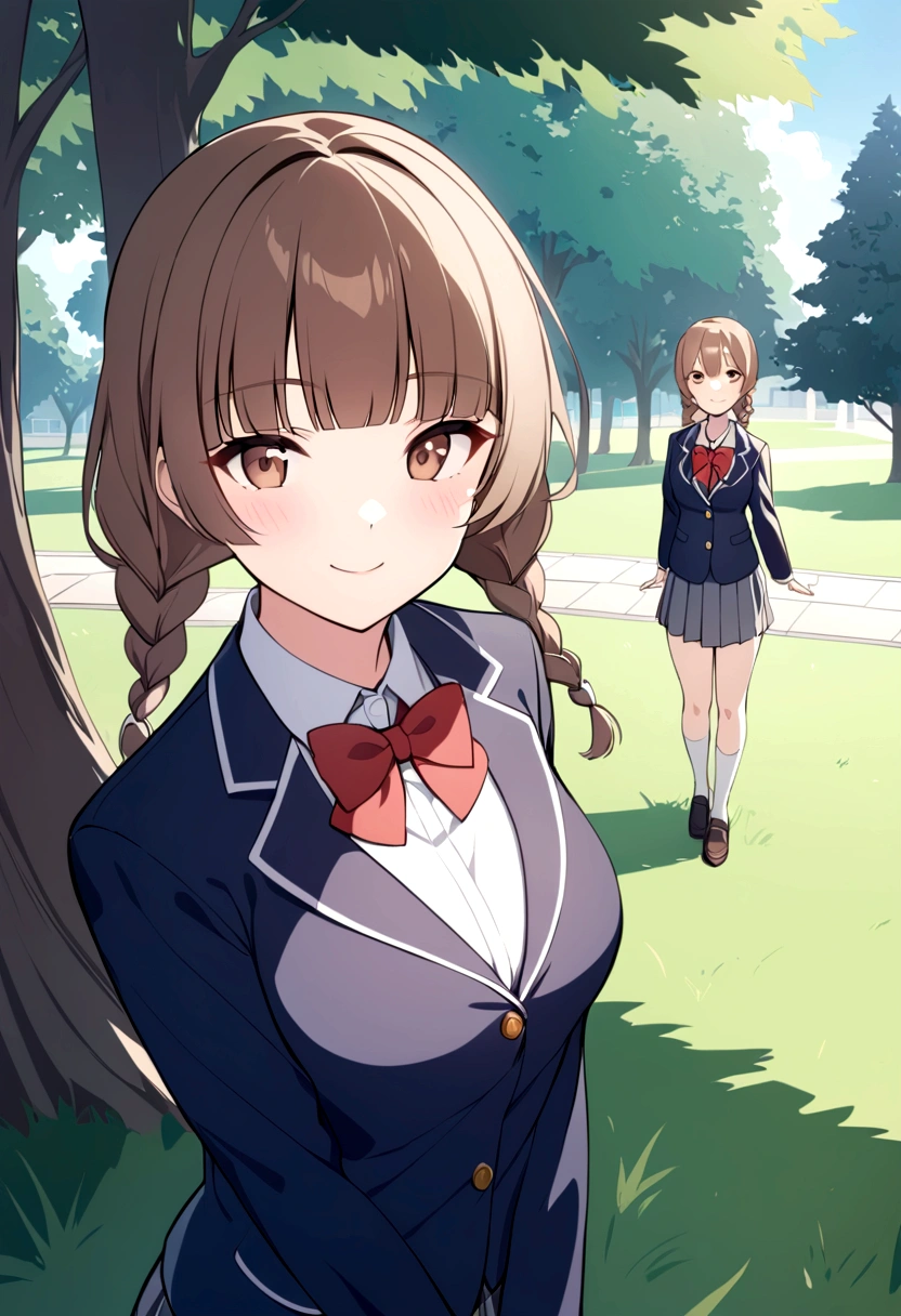 slender, mature female, braid, bow, bowtie, brown_hair, multiple_girls, twin_braids, outdoors, red_bow, bangs, looking_at_viewer, 2girls, shirt, buttons, collared_shirt, day, red_neckwear, school_uniform, jacket, tree, short_hair, white_shirt, brown_eyes, ribbon, closed_mouth,ponytail, blunt_bangs, smile, long_hair, grass, blazer, sweater, 