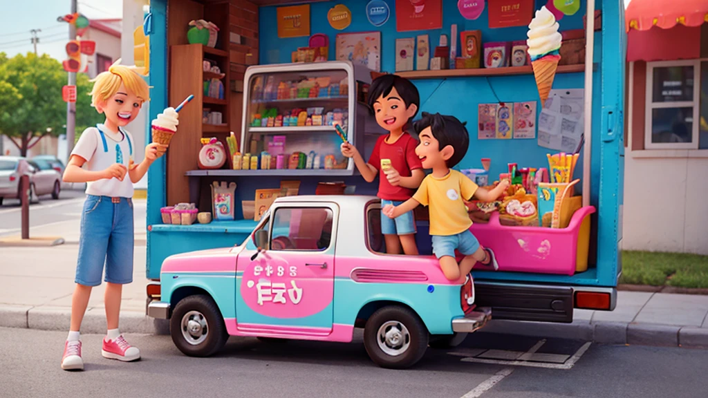 Generate an AI image of a cheerful ice cream truck with various flavors on display, showing a blonde girl and a black haired boy standing together, sharing ice cream cones and laughing.