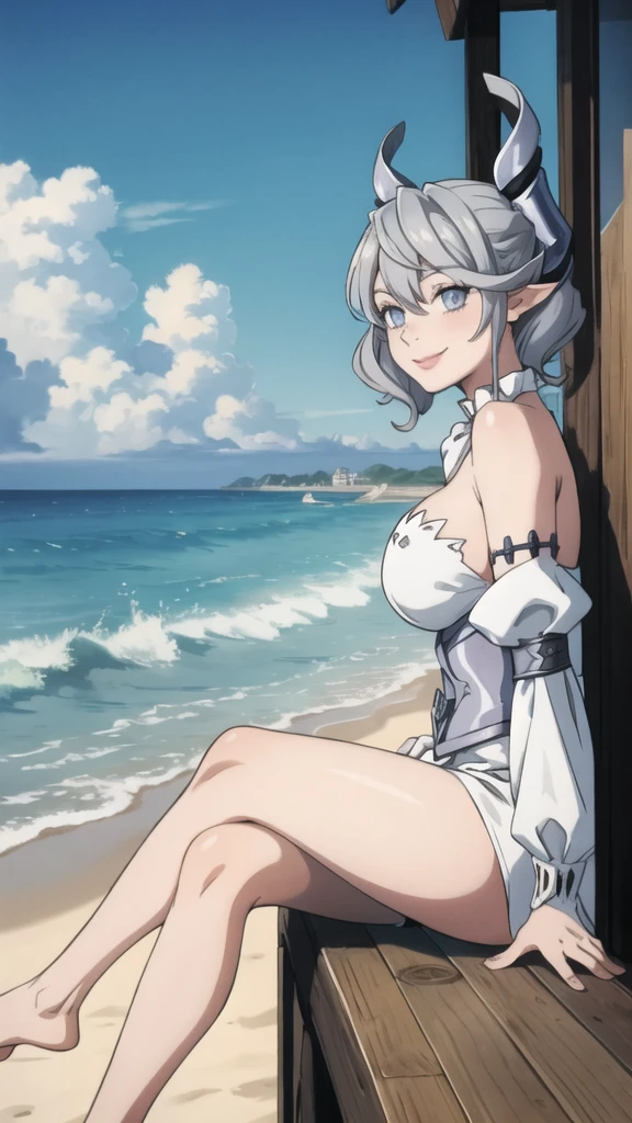 Beautiful arts wallpaper Sunset Outside castle top High level image quality best image quality 8K adult woman silver castle outside more colors whole body view portrait wearing pure white pirate dress horn ears short hair((shortcut)(gray hair)(perm)(fluffy)) eye color is blue , , attractive evil face , smile , beach , labrynth , barefoot , teasing with her breast, , sitting with crossed legs , waves