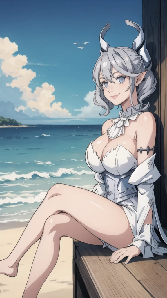 Beautiful arts wallpaper Sunset Outside castle top  High level image quality　best image quality　8K　 adult woman   silver castle outside  more colors   whole body view　portrait　 wearing pure white pirate dress  　horn    ears  　short hair（（shortcut）（gray hair）（perm）（fluffy））　eye color is blue ,  , 　attractive evil face , smile   ,  beach   ,  labrynth       , barefoot , teasing with her breast,   , sitting with crossed legs  , waves