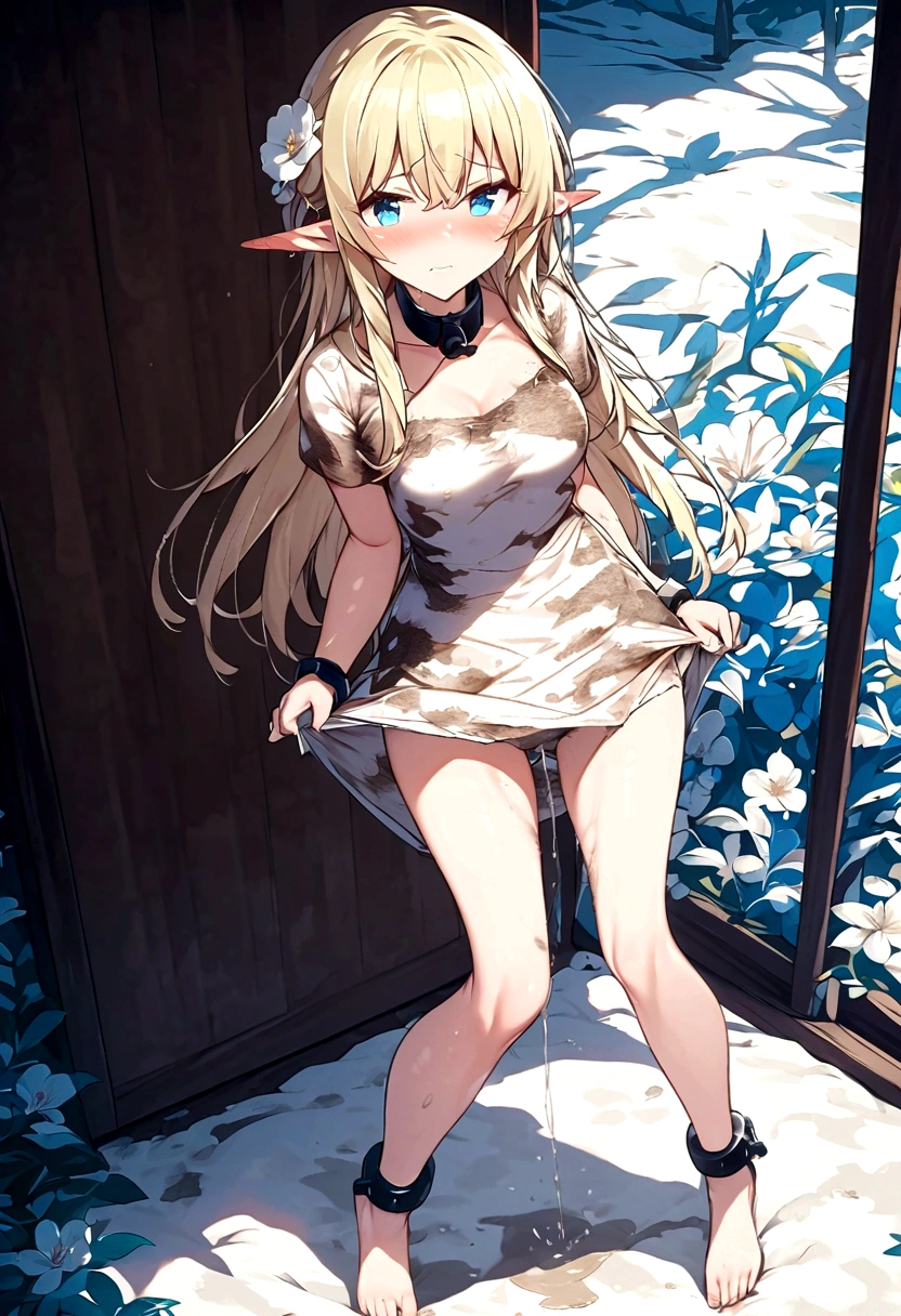 Slave. Dirty tunic. Torn tunic. dirty panties. Torn panties. Pointy ears. Elf. Slave collar. Blonde hair. Hair between the eyes. Shackles. Long hair. Long pointed ears. Blue eyes. 1 girl . . Beautiful fingers. Beautiful long legs. Beautiful body. Beautiful nose. Snotty nose. Snot flows from the nose. Perfect eyes. Ideal face. Expressive eyes. Barefoot. Cold. Runny nose. Nasal mucus. Snot flows from the nose. Sneezing. Wants to sneeze. I need to sneeze. Strong, desperate desire to sneeze. It snowed. She sneezes. Snot comes out of your nose every time you sneeze. Embarrassment. Blush. Beautiful character design. Shiny skin. Standing with your whole body. official art, extremely detailed CG Unity 8k wallpaper, perfect lighting, super high resolution, 4K, super detailed, 8K, high resolution, nsfw.