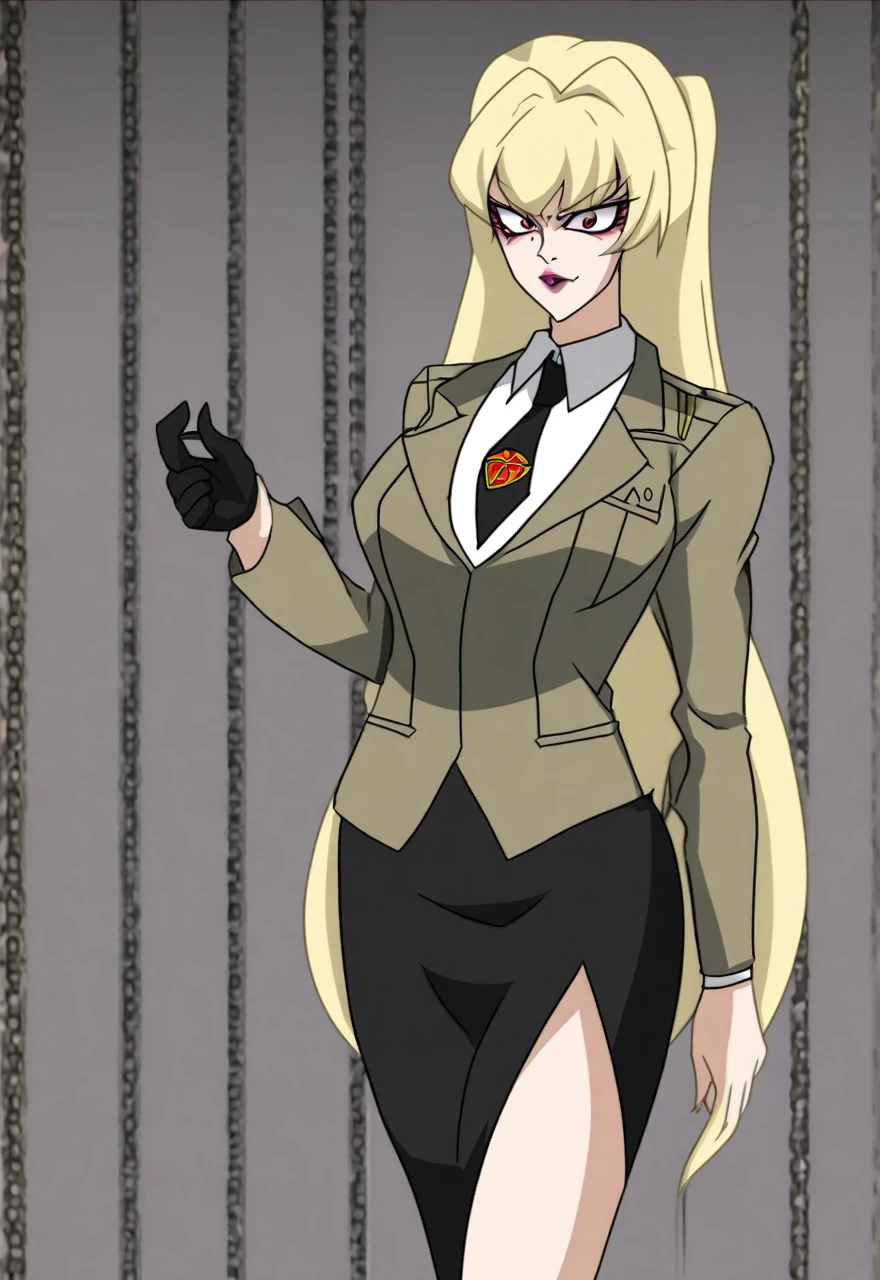 Make a old evil military blonde anime woman in a dark skirt suit