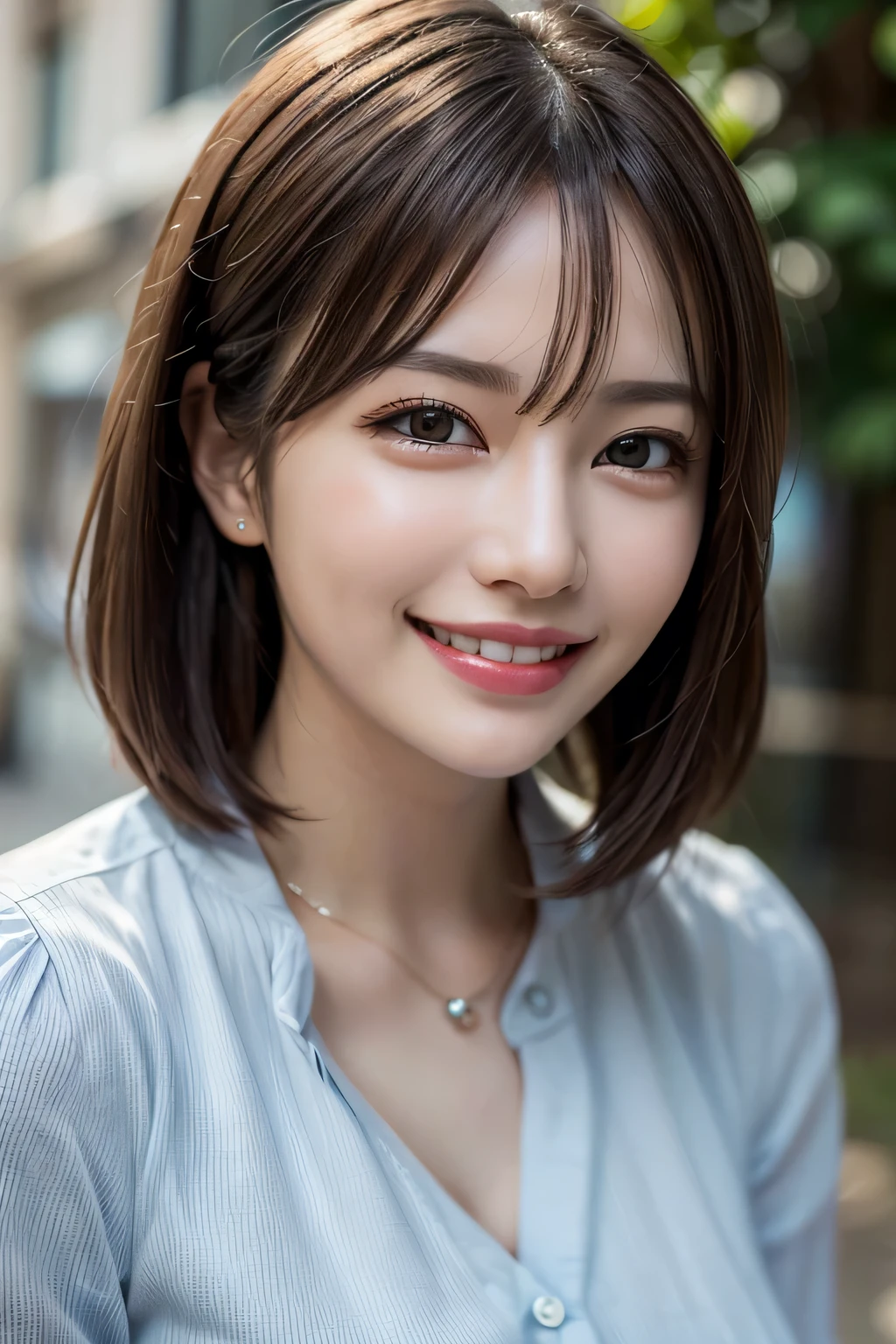 ((masterpiece)), ((Highest quality)), ((Complex)), ((Surreal)), (Realistic), (Mature Woman), ((There are no classes)), Very detailed, (1 female), Beautiful and exquisite, (Beautiful Teeth), Grin, Brunette Bob Hair, Brown eyes, ((blouse)), (Upper Body), (background:none), Perfect Eyes, Captivating eyes, Looking at the audience