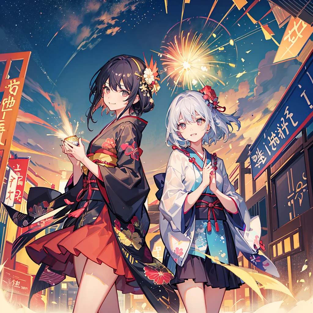 Couple,(Boy 1:Girl 1)Lovely,Date,Love love,smile,Fleeting,romantic,atmosphere,landscape,firework,Night Sky,たくさんのfirework,summerfestival,turn around,Girl is wearing a kimono,Hand in hand,Night Skyに美しいfirework,たくさんのfirework,綺麗なNight Sky,summer,festival,Young people,Throb