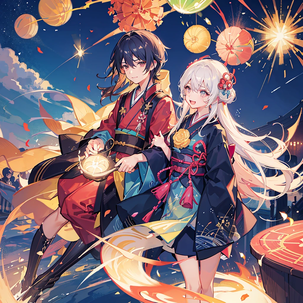 Couple,(Boy 1:Girl 1)Lovely,Date,Love love,smile,Fleeting,romantic,atmosphere,landscape,firework,Night Sky,たくさんのfirework,summerfestival,turn around,Girl is wearing a kimono,Hand in hand,Night Skyに美しいfirework,たくさんのfirework,綺麗なNight Sky,summer,festival,Young people,Throb