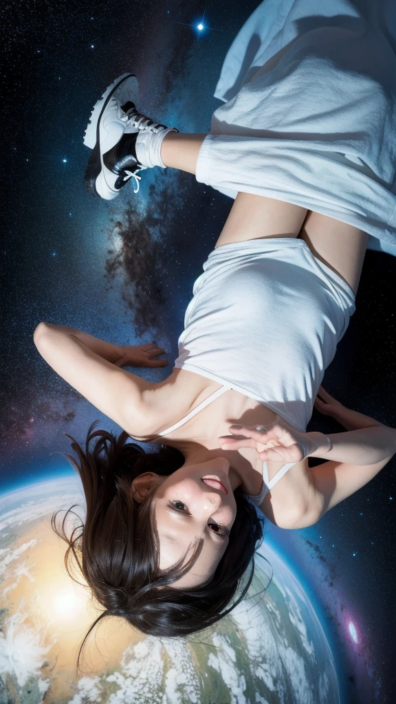 absurd res, high res, (masterpiece:1.4), ultra-detailed, 1girl, from above, space, floating
