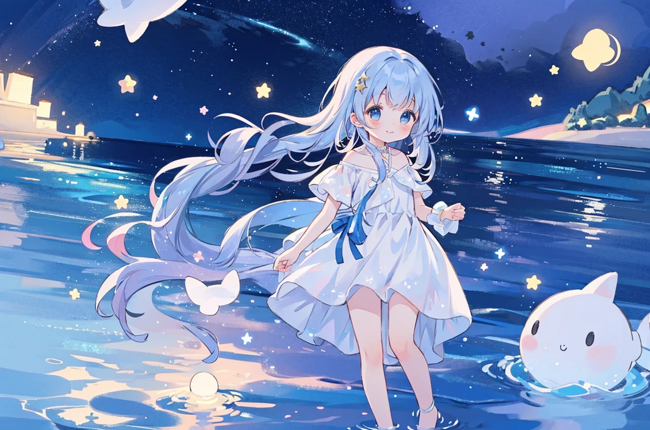 an ocean of stars, night sky, colorful, ethereal, charming girl in a white tutu, walking on the water, Her smile was filled with tenderness and joy, giant crescent white moon dipping into the water in the background, magical, whimsical, dreamscape, dreamy, fantasia, fantasy
