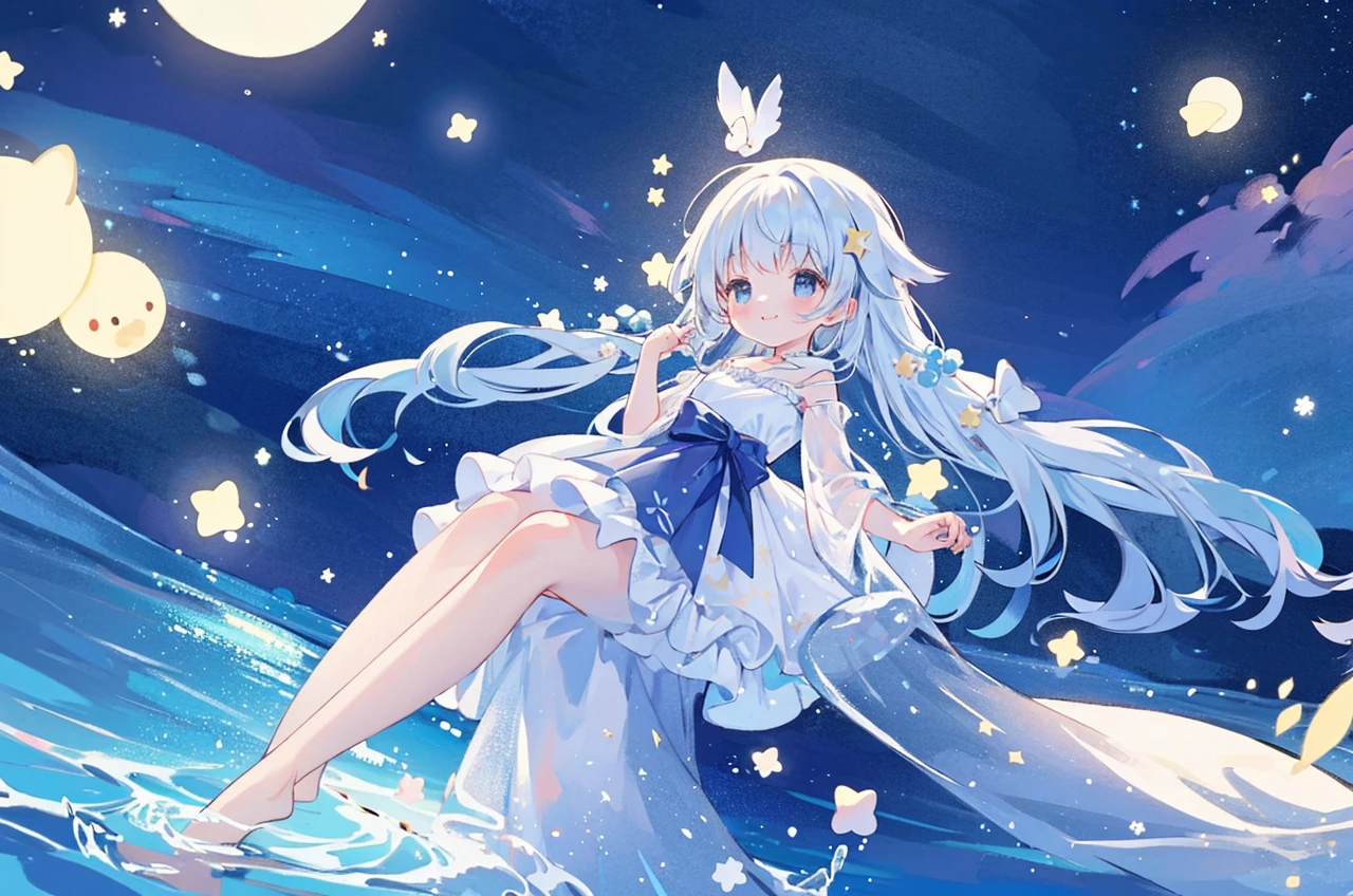 an ocean of stars, night sky, colorful, ethereal, charming girl in a white tutu, walking on the water, Her smile was filled with tenderness and joy, giant crescent white moon dipping into the water in the background, magical, whimsical, dreamscape, dreamy, fantasia, fantasy