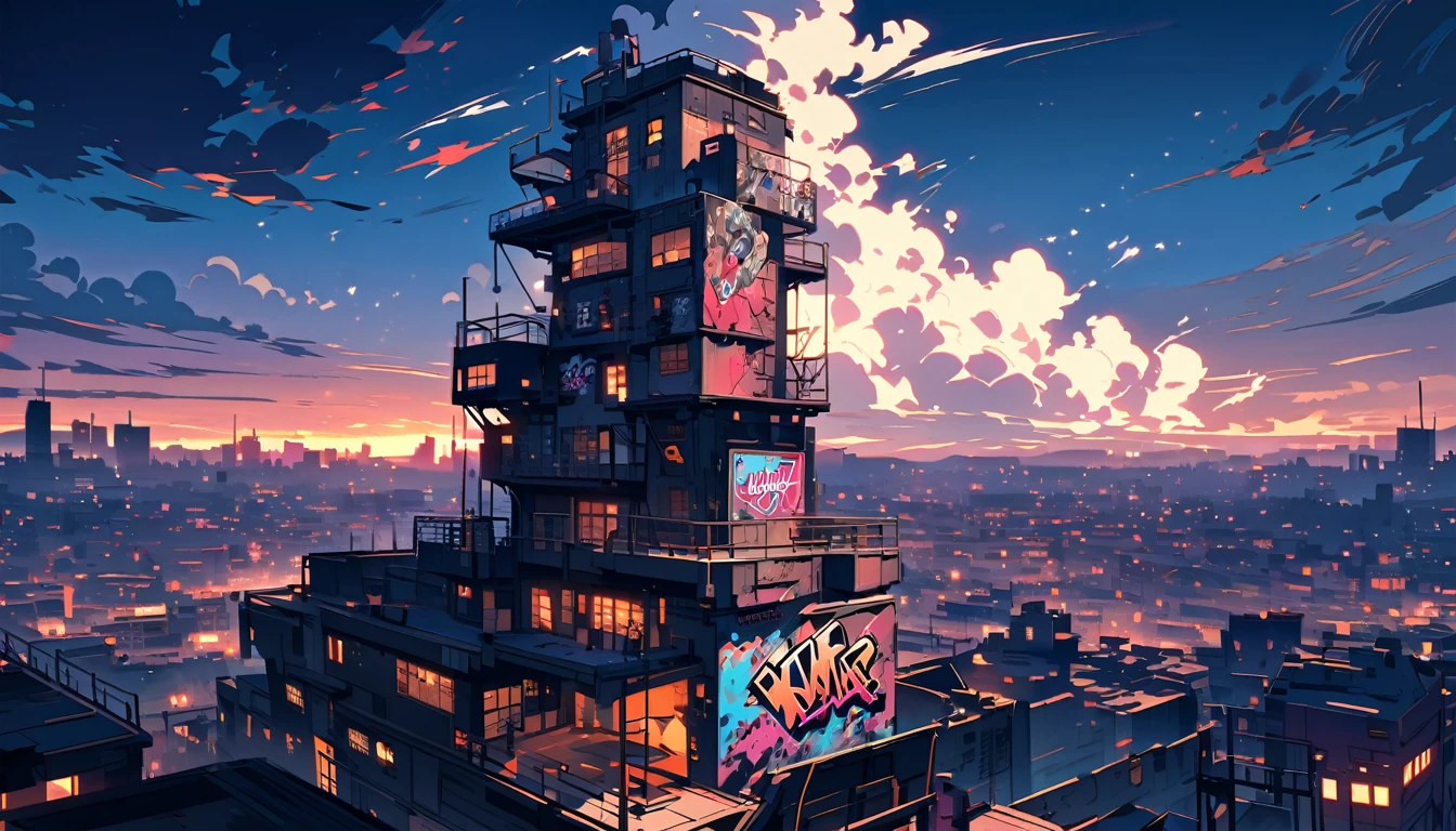 HD 8K outdoor, White clouds, graffiti famous spray art, no people, on top of a wall and gaze at a town with a night view