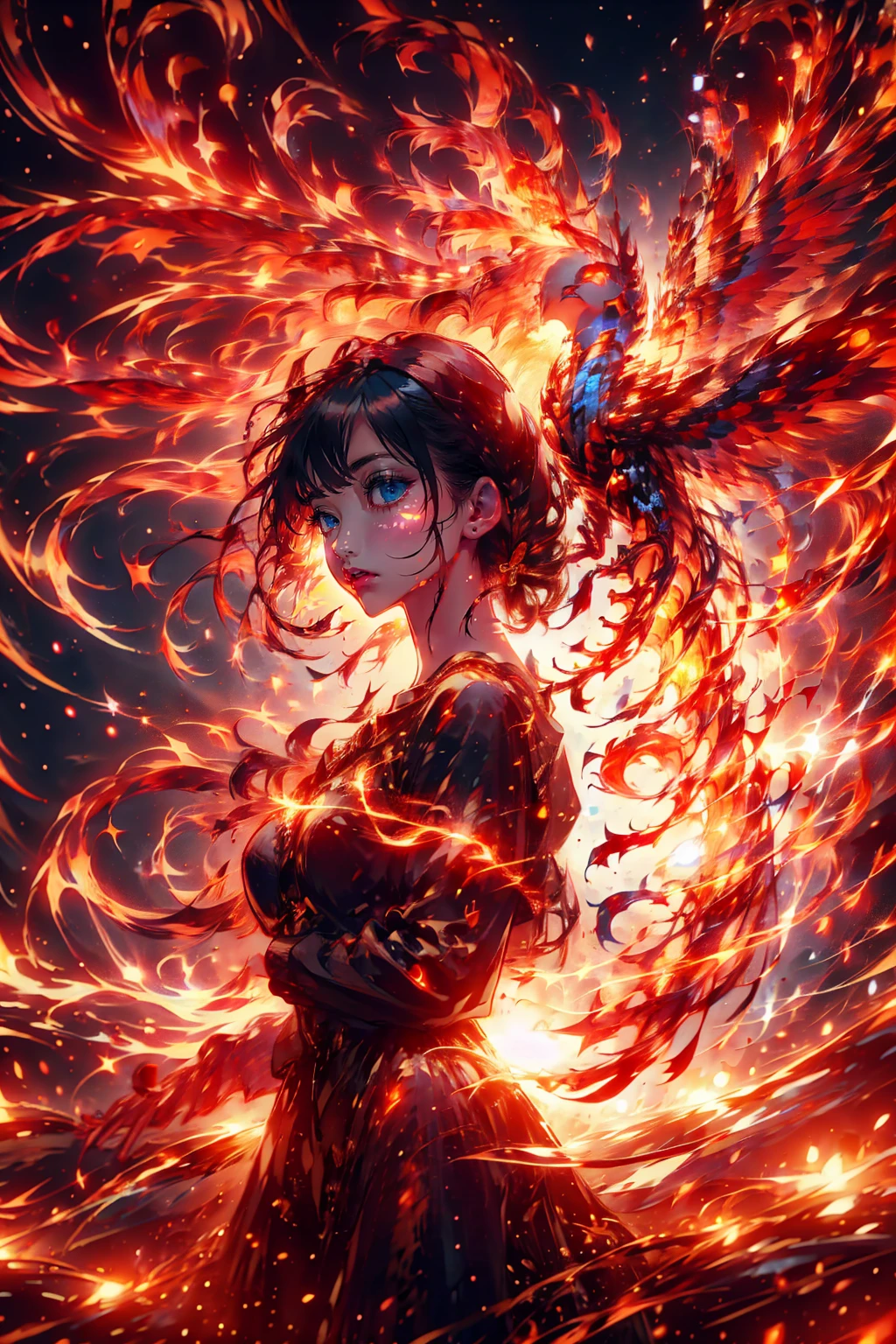 1girl,she has blue eyes,brilliant,phoenix,upper body,fire,flare,around fire aura, explosionmagic,she holding sword,she is warrior,knight,