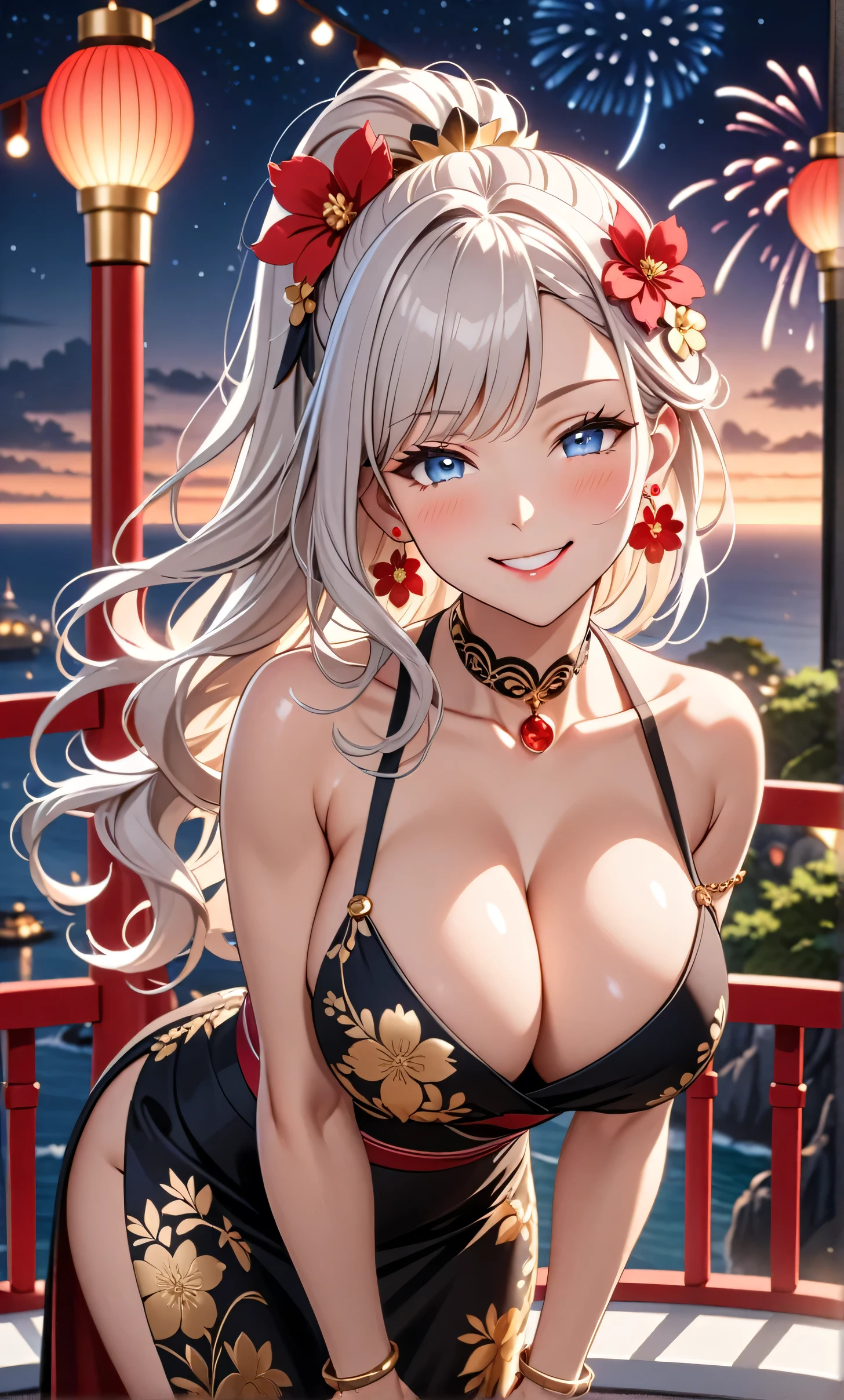 ultra-detailed, ((one girl)), in pastel  white colors girl,  hyper detailed, absurdres, 8K, fair skin, Beautiful Face, (Laugh shyly), ((teasing smile:1.8)), ((Wink:1.7)), (Laugh with your mouth wide open),((Tilt your head:1.6)), View your viewers, ((Bright red cheeks:1.6)),Glossy Red Lips, ((Big Breasts:1.5)), ((show off breast:1.4)), (erect nipples), Night view, firework, Observatory with a view of the sea, (Brighten your face), ((Anime style background)),masterpiece, Highest quality, so beautiful,Latest, Complex details, (Pink long nails), (nail art), (ring),(bracelet), (Floral Choker),AI-generated, Complex,High resolution, Highest quality, super high quality,3D Images、3D Images,One person,White long hair,(High Ponytail), (wavy hair:1.3), Monotone anime woman posing for a photo, ((Fine grain、blue eyes、glowing eyes:1.4)), (Squint your eyes:1.1),a hyperRealistic , hyperRealistic , Realistic,Anime woman with long white hair, Smooth anime CG art, A girl in a gorgeous black kimono, Kimono with gold embroidery,  ((undressing)), ((black furisode)), (Large floral pattern) ,Long flower hair ornament,Floral Earrings,Mature Body, tall,Abdominal muscles,Tight waist, ((leaning forward:1.5)), (front view),