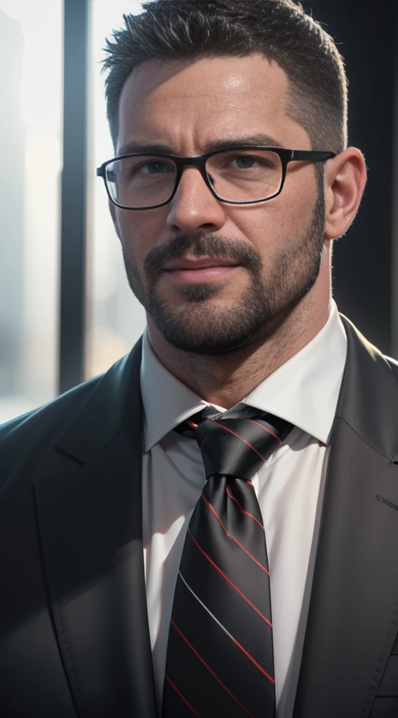 An award-winning original photo,A wild muscular man, (40 years old daddy:1.1), 1boy, Solo, (black suit), (white dress shirt), (red print necktie), (big shoulders), musculature, stubbles, Short beard, Beautiful eyes:1.3, ), (Detailed face:1.3), wearing glasses, smiles, Dynamic Angle, volumetric lighting, (Best quality, A high resolution, Photorealistic), Cinematic lighting, Masterpiece, RAW photo, Intricate details, hdr, depth of field, upper body shot