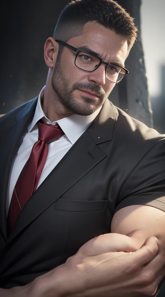 An award-winning original photo，A wild muscular man, (40 years old daddy:1.1), 1boy, Solo, (black suit), (white dress shirt), (red print necktie), (big shoulders), musculature, stubbles, Short beard, Beautiful eyes:1.3, ), (Detailed face:1.3), wearing glasses, smiles, Dynamic Angle, volumetric lighting, (Best quality, A high resolution, Photorealistic), Cinematic lighting, Masterpiece, RAW photo, Intricate details, hdr, depth of field, upper body shot