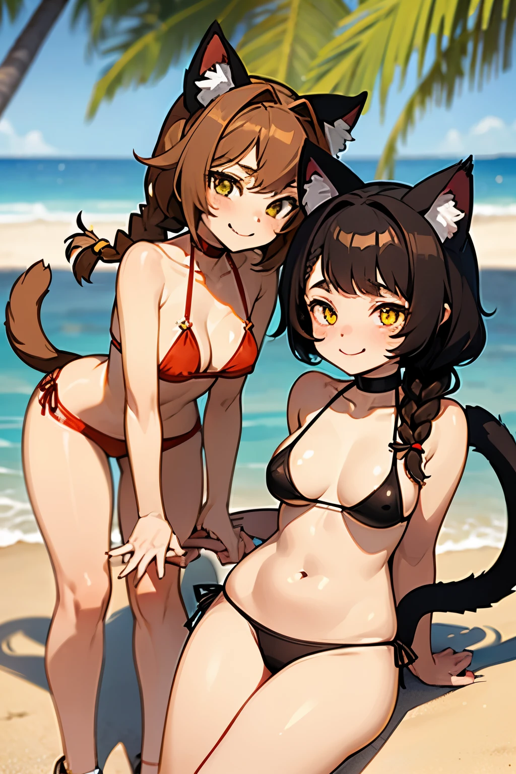 2 two 2 girls twin sisters .......... , horny lusty smile Cat girl ( cat ears medium length brown shaggy hair with one 1 short braid, brown cat tail, yellow eyes, big tits )))........red red red bikini..... on the beach