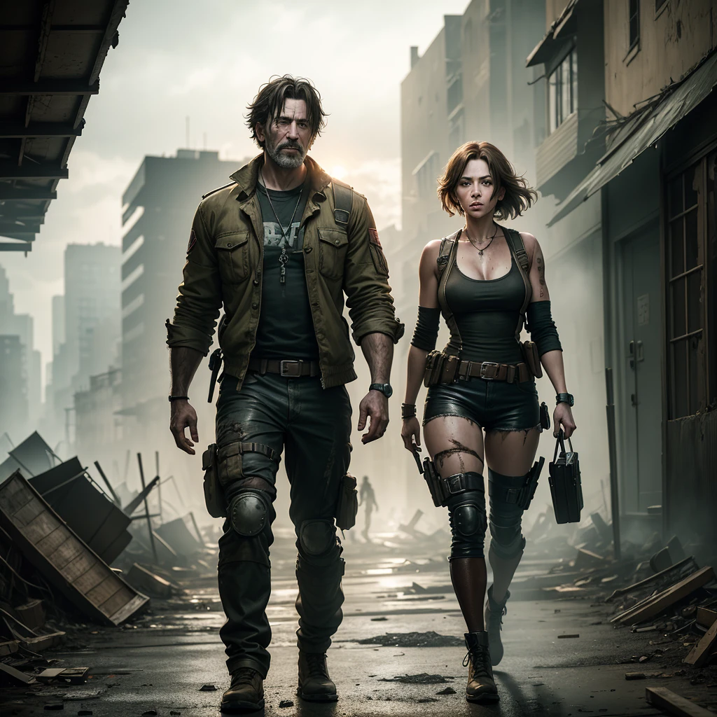 A stunning live-action, 32K, UHD, and vibrant portrait photograph of a woman and a rugged man in a post-apocalyptic cityscape. The woman, with clean and serene features, is leaning gracefully while the man, exuding confidence, stands watchfully. They are dressed in specialized military attire, adorned with equipment, giving off a Resident Evil vibe. The crumbling streets surround them, with buildings in disrepair, creating an immersive and detailed atmosphere. The photorealistic image captures the essence of a gritty, survival-based world., photo, portrait photography, vibrant