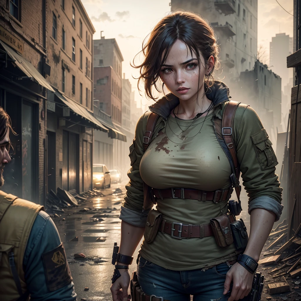 A stunning live-action, 32K, UHD, and vibrant portrait photograph of a woman and a rugged man in a post-apocalyptic cityscape. The woman, with clean and serene features, is leaning gracefully while the man, exuding confidence, stands watchfully. They are dressed in specialized military attire, adorned with equipment, giving off a Resident Evil vibe. The crumbling streets surround them, with buildings in disrepair, creating an immersive and detailed atmosphere. The photorealistic image captures the essence of a gritty, survival-based world., photo, portrait photography, vibrant