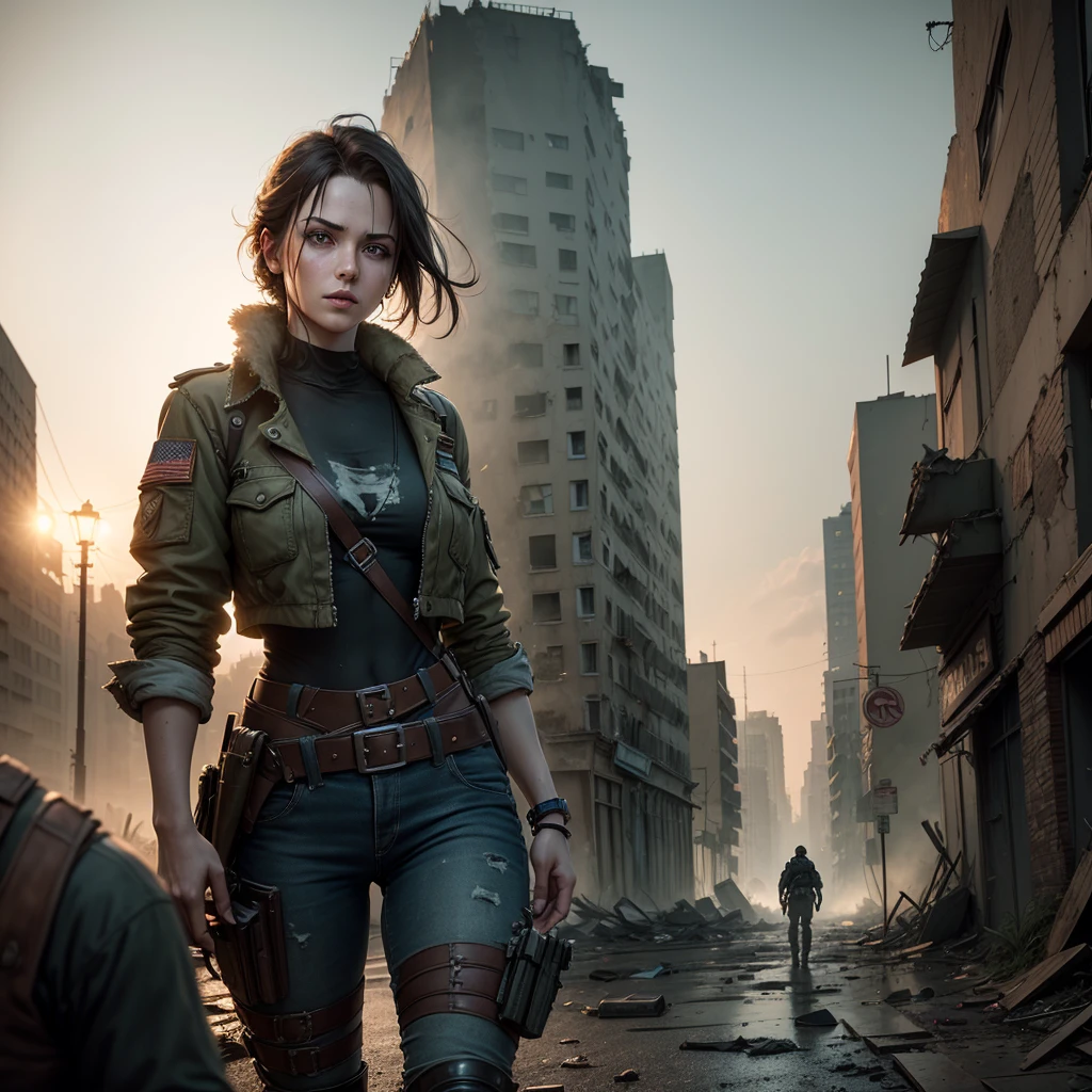 A stunning live-action, 32K, UHD, and vibrant portrait photograph of a woman and a rugged man in a post-apocalyptic cityscape. The woman, with clean and serene features, is leaning gracefully while the man, exuding confidence, stands watchfully. They are dressed in specialized military attire, adorned with equipment, giving off a Resident Evil vibe. The crumbling streets surround them, with buildings in disrepair, creating an immersive and detailed atmosphere. The photorealistic image captures the essence of a gritty, survival-based world., photo, portrait photography, vibrant