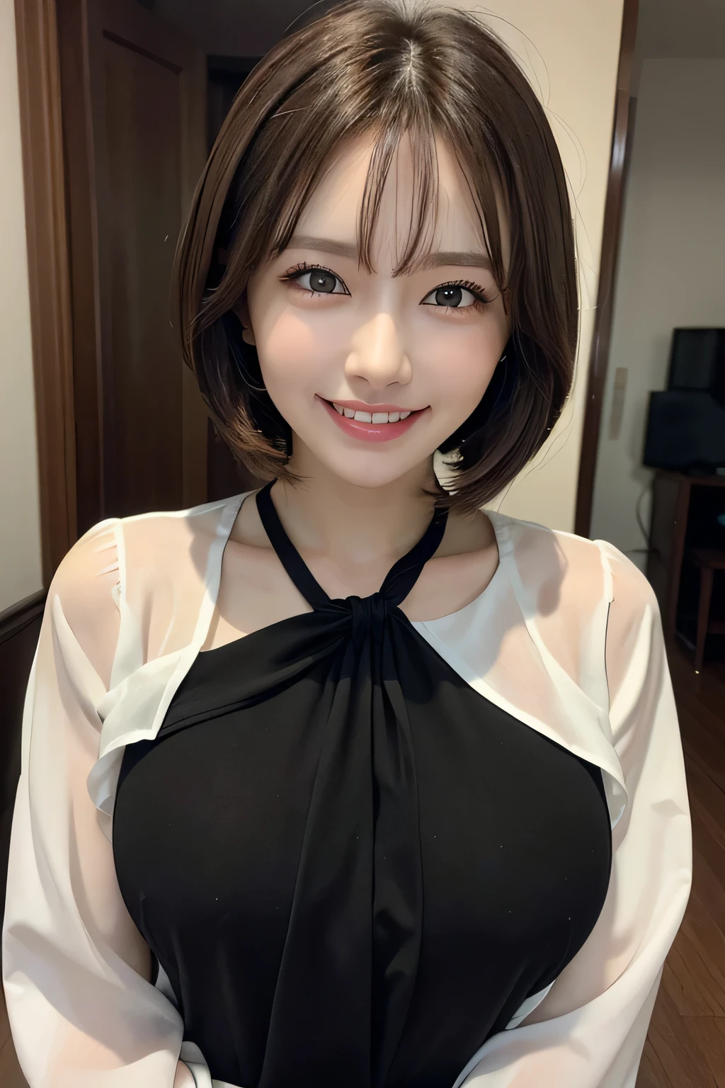 ((masterpiece)), ((Highest quality)), ((Complex)), ((Surreal)), (Realistic), (Mature Woman), ((There are no classes)), Very detailed, (1 female), Beautiful and exquisite, (Beautiful Teeth), Grin, Brunette Bob Hair, Brown eyes, ((blouse)), (Upper Body), (background:none), Perfect Eyes, Captivating eyes, Looking at the audience