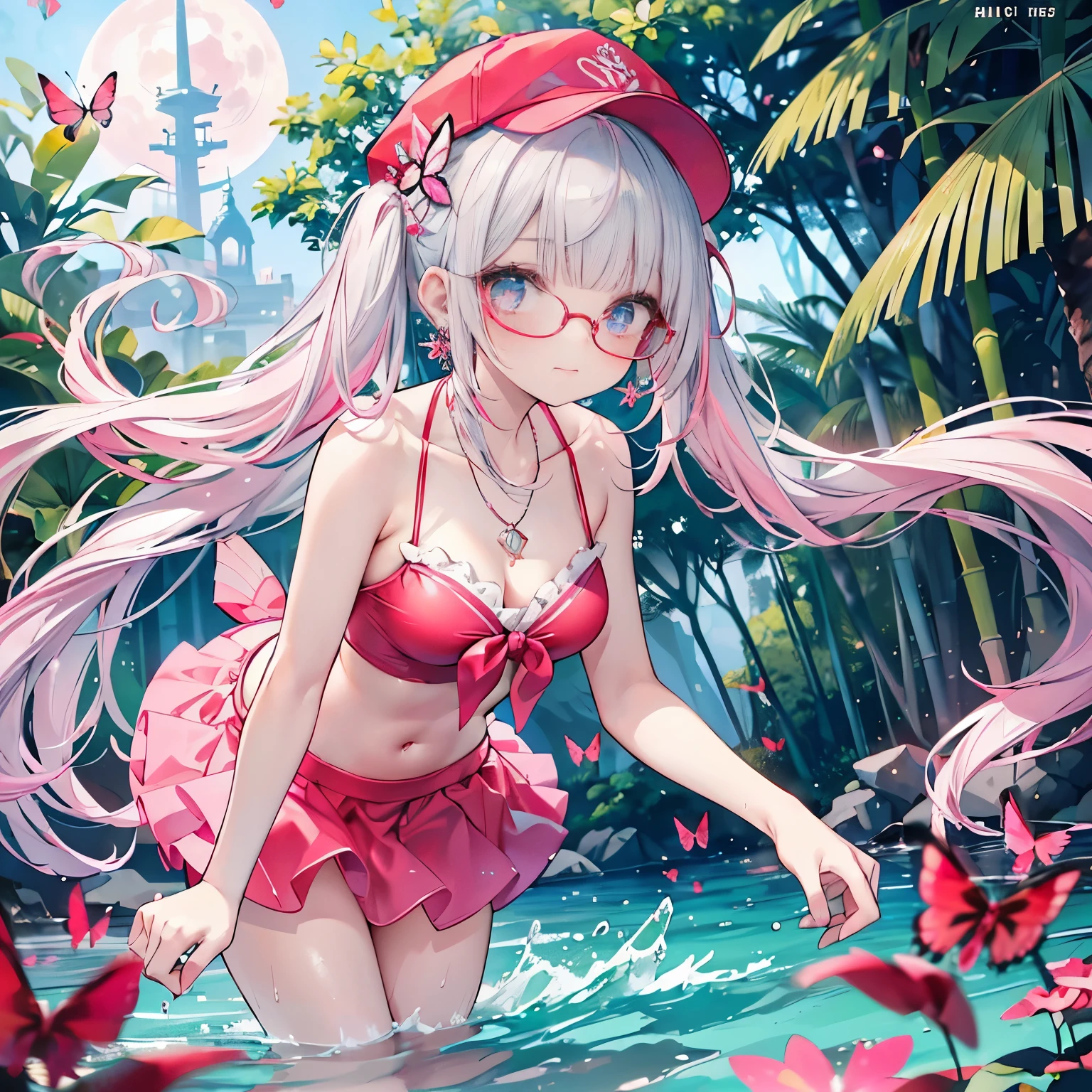 low angle,from below,((elegant pink baseball cap)),(colorful bamboo trees and leaves,star festival decorations),
(wearing elegant red round frame glasses,circle frame),((white and red sexy elegant cute string tied summer bikini,sexy red flair mini skirt)),(beautiful pink and green butterflies and fish all over the place),colorful fish,flowers,fantasy beams and lights,
((masterpiece:1.4, best quality)), ((masterpiece, best quality)),((beautiful twin tail silver pink hair,blunt bangs,beautiful cobalt blue eyes,little cute girl)),full body, bathing in the water,(beautiful emerald green beach,waves),(water splash,lovely laugh), (pink Lace chalker, red wristband, diamond necklace,earrings),cinematic lighting and pause,beautiful natural mysterious beach,night sky,full moon,(beautiful pink and red butterflies and fish all over the place),