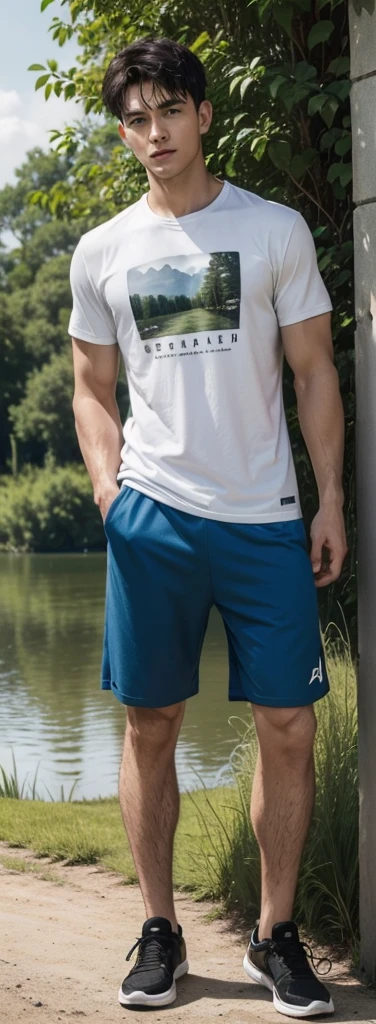 A very handsome man agged 39 yo with athletic body and fringe up hair as if a shower gel advertisement, active, clowded, standing, wearing a tshirt and casual shoes.The setting shows an open field with trees and a lake in the distance