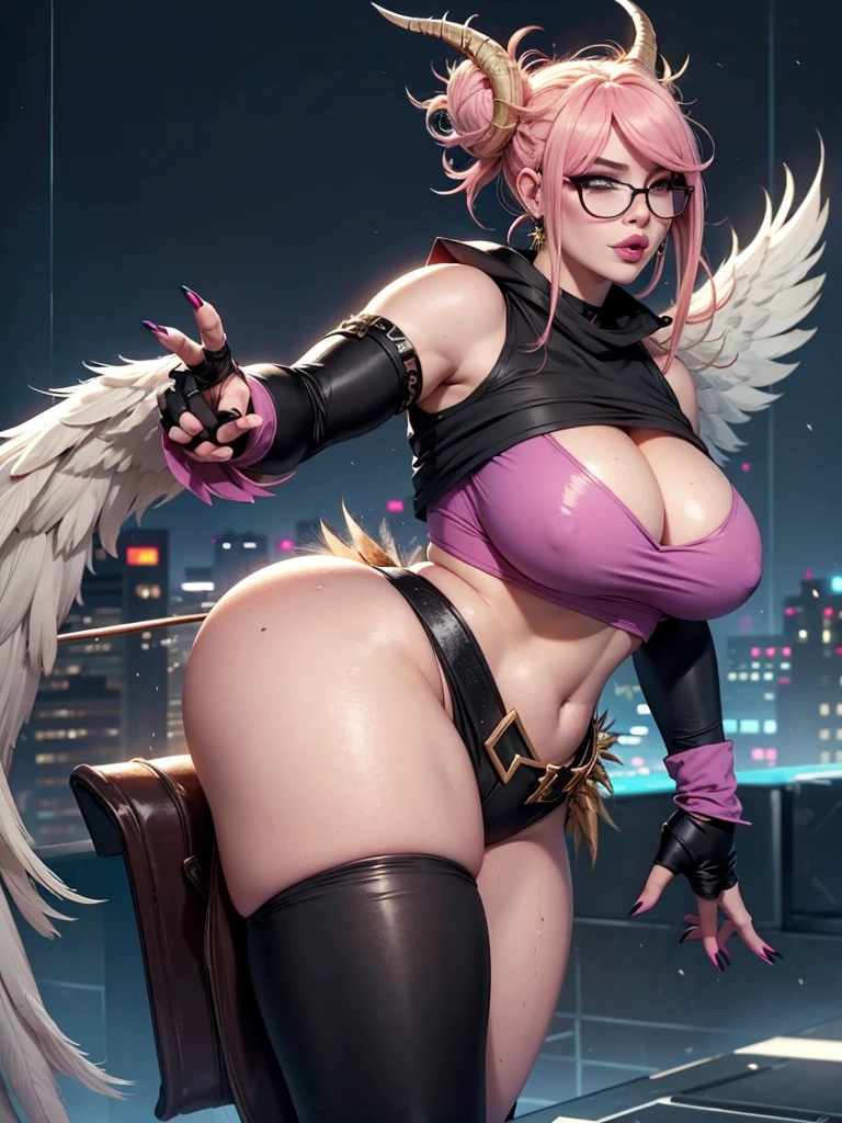realisticlying,22yo girl,Blonde short、big body, sexy lingerie lace black ,perfect eyes, hair bunches、very very long hair, ultradetailed hair, body nylon sexy, Breasts enlarged、 big body, blonde, woman 1.90 CM,ponytail, ((hair over eyes)),perfect mouth, massive big bounce oppai, WET SKIN, (masterpiece, best quality:1.2), 1girl, solo, city background, haze \(fortnite\), Harpy Haze From fortnite, 1girl, earrings, glasses, hat, jewelry, lips, long hair, looking at viewer, makeup, nail polish, pink eyes, pink hair, pink nails, smile, sunglasses, tinted eyewear, belt, black pants, crop top, eyeshadow, midriff, navel, pants, choker, fingernails, round eyewear, sharp fingernails, standing, black feathers, black headwear, hoop earrings, horned headwear, horns, denim, winged arms, feather trim, star \(symbol\), elbow gloves, dark pink lips, feathers, heels, shoes, angel wings, bangle, black wings, crop top overhang, feathered wings, harpy, low wings, multicolored hair, multicolored wings, pink wings, wings, fingerless gloves, shirt, long fingernails, boater hat, bootcut pants, leather pants, sleeves, black sleeves,massive big bounce oppai,massive big bounce oppai,massive big bounce oppai,big bounce oppai,big bounce oppai,ultra massive breast,fashion model,