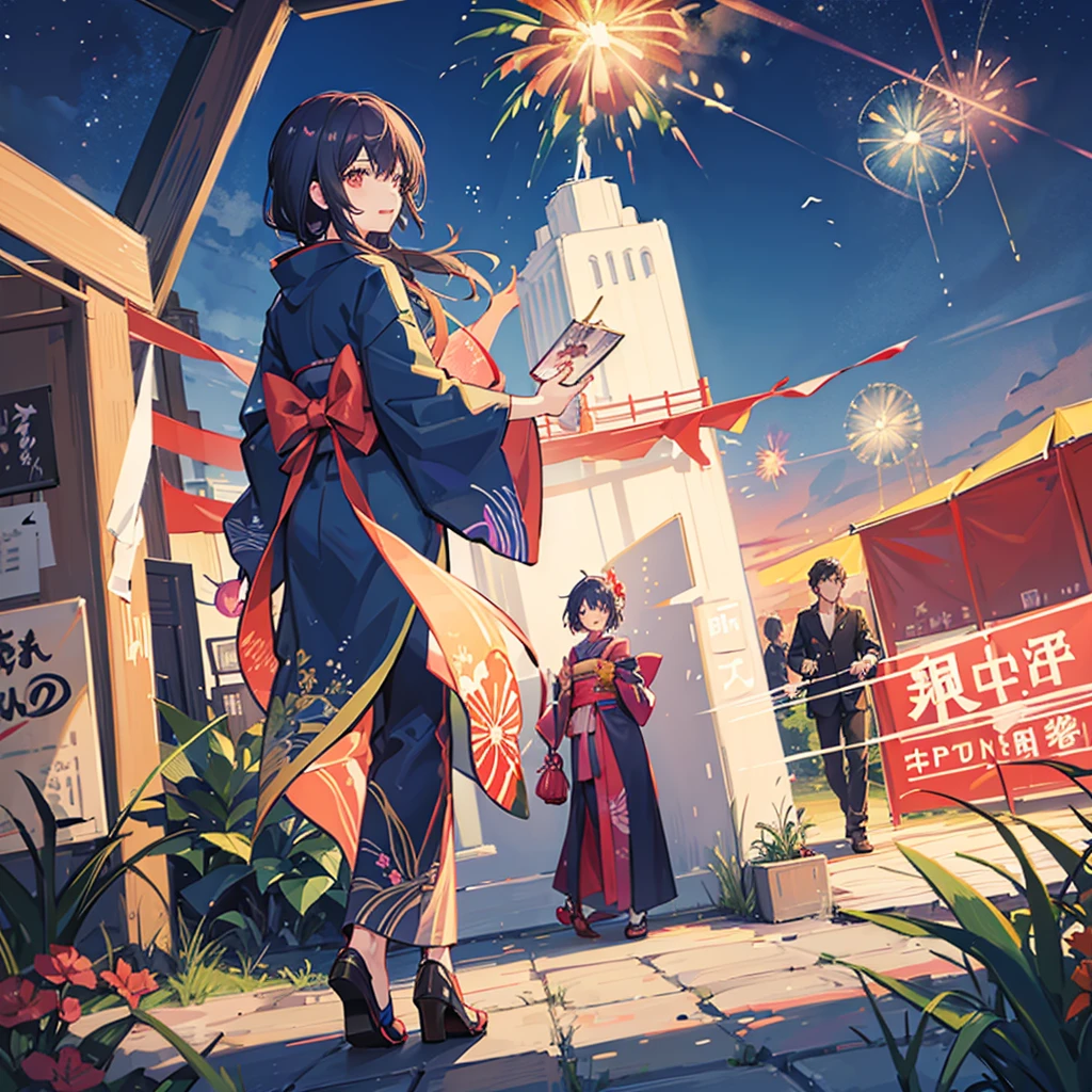 Couple,(Boy 1:Girl 1)Lovely,Date,Love love,smile,Fleeting,romantic,atmosphere,landscape,firework,Night Sky,たくさんのfirework,summerfestival,turn around,Girl is wearing a kimono,Hand in hand,Night Skyに美しいfirework,たくさんのfirework,綺麗なNight Sky,summer,festival,Young people,Throb