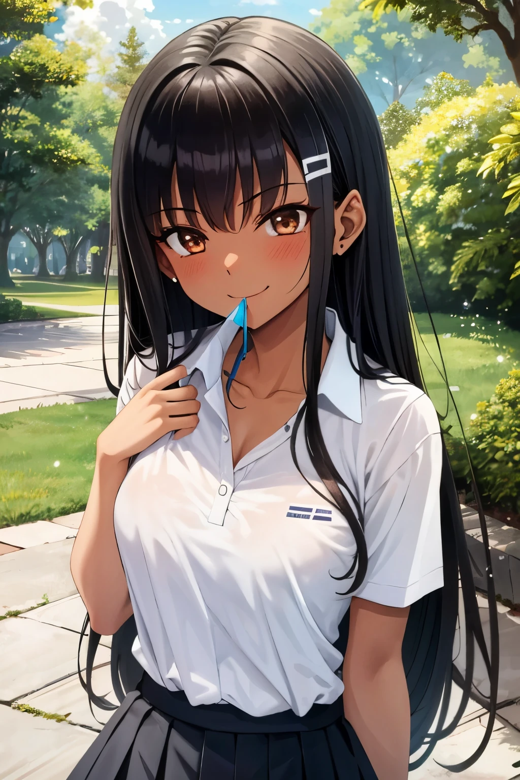 ((best quality)), ((masterpiece)), (details), one girl, sexy ((best quality)), ((masterpiece)), (details), one girl, sexy ((best quality)), ((masterpiece)), (details), one girl, full body,it's_nagatoro_main, Nagatoro Hayase, one girl, blushing, one person, uniform white polo shirt, black hair, brown eyes, hair accessory, looking at viewer, hair clip, smiling, long hair, dark skinned woman, dark skin, , bangs, daytime, skirt, collared shirt, collarbone, ear clip, mouth closed, tree, asymmetrical bangs, upper body