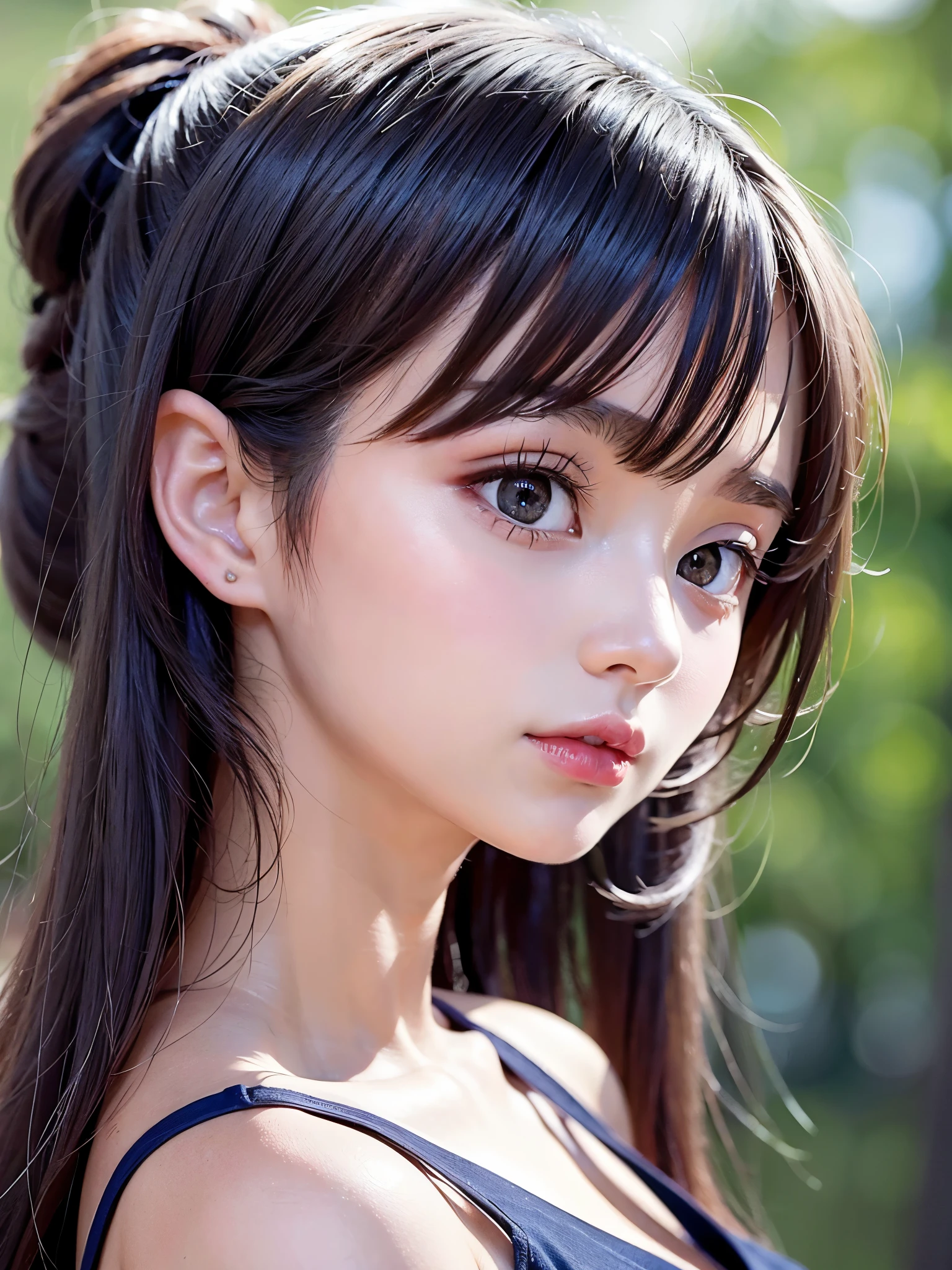 One Girl,(1人のとてもcute女の子:1.3),masterpiece,Highest quality,High resolution,From below,Low - Angle,Photorealistic,RAW Photos,Ray Tracing,beautiful girl,(:1.3),cute,Big eyes,(detailed pupils:1.2),(The face is facing forward:1.3),Cute nose,Beautiful nose,Upturned nose,Fuller lips,Short black hair,ponytail,short hair,Detailed eyelashes,Thin eyebrows,Very fine grain definition,(Symmetrical eyes:1.3),(Face close-up,Face Focus:1.0),Small breasts,Short neck,Off the shoulder,People emerge,Dark Background,forest,Portrait,View Viewer,Upper Body,Cinema Lighting,High resolution,Very detailed