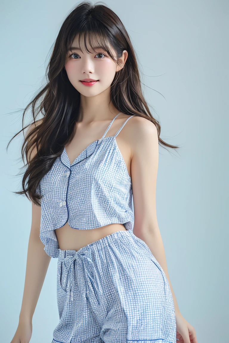 Medium shot,best quality, Asian women、吊带白色丝绸pajamas、Very large bust、Clearly outlined,Clear waist,long hair、Smile、白色pajamas紧紧贴合身体曲线。Highlights are clear,Solid blue background,,pajamas。Hollywood diva style。