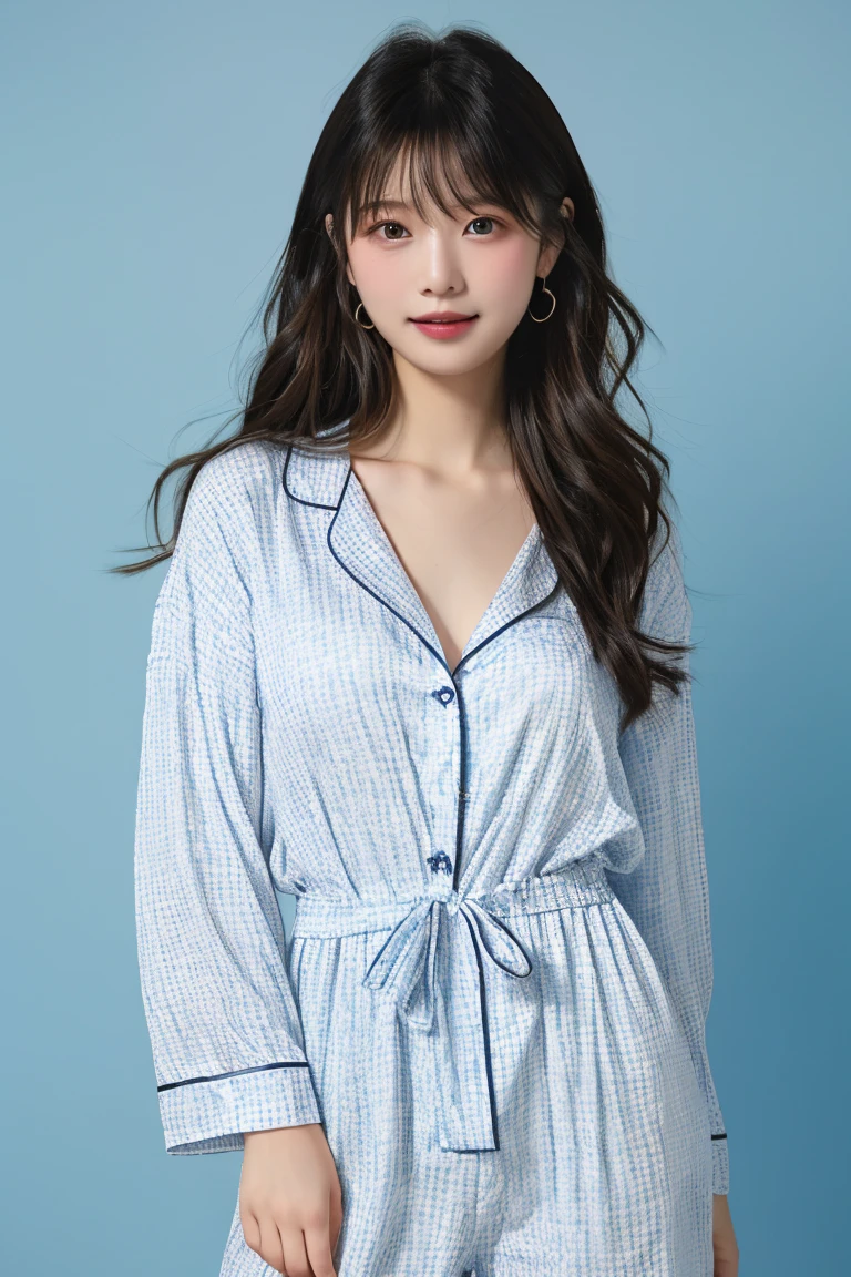 (masterpiece, highest quality, highest quality, Official Art, beautifully、beautiful:1.2), Cinema Lighting、(Key light at 45 degrees from the front,Subsidy light、Soft Blue Backlight、Strong Shadows、), Accurate human body、Knowledgeable person、Correct five-finger、4K - ultra-vivid、highest quality, masterpiece, Ultra-high resolution, Detailed Background、The perfect background、(Little devil smile、Mesugaki Smiles:1.5),
(Oily skin,Glowing Skin、Realistic skin texture、Beautiful skin in every detail、Shiny skin、Slimy skin、Glowing Skin、Shiny skin), White skin, Real human skin, (Familiar), Oval Face, pore, Ultra-high resolution, (8k, RAW Photos, Realistic: 1.4), One Girl, slim, (kind, Goddess-like eyes) happiness: 1.2), (Lip gloss, eyelash, Gloss Face, highest quality, Ultra-high resolution, Wide Lighting, Natural Shading)、(sexy), Absolute area、Long beautiful slim legs、Short length、(Ecstatic sexy smile expression:0.8,) (dark, Dark Room:1.5, night:1.8)、Spread your legs on the bed:1.0), (((Big Breasts))),
((((Blanket material pajamas:1.5、Two-tone horizontal stripes、Blanket material mini shorts、Fluffy and cute material、Blanket material nightwear:1.8)))),